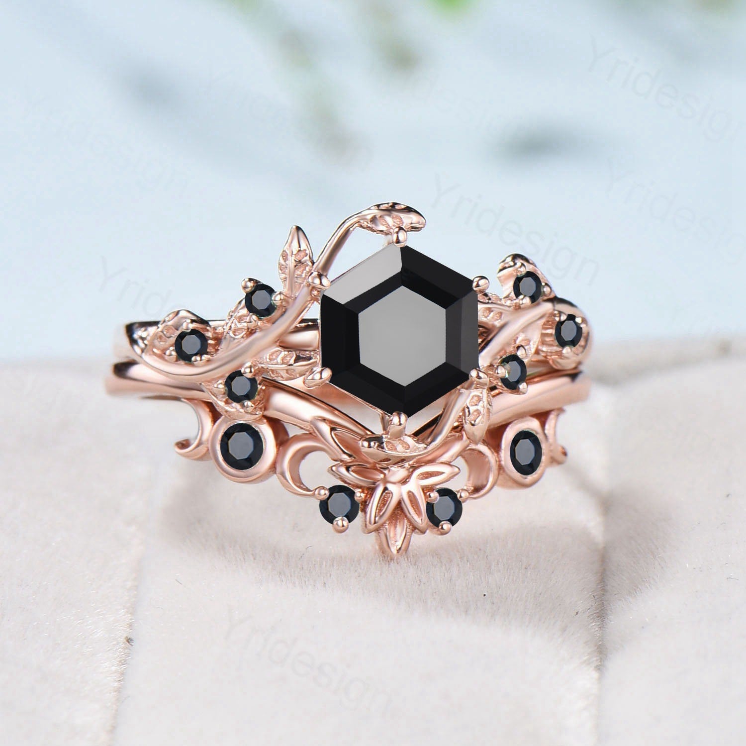 Black Onyx Hexagon Cut Seven Stone Engagement Ring Set - Rose Gold Spinel Wedding Band, Nature Inspired Floral Bridal Jewelry for Women | Perfect for Proposals, Anniversaries & Romantic Occasions