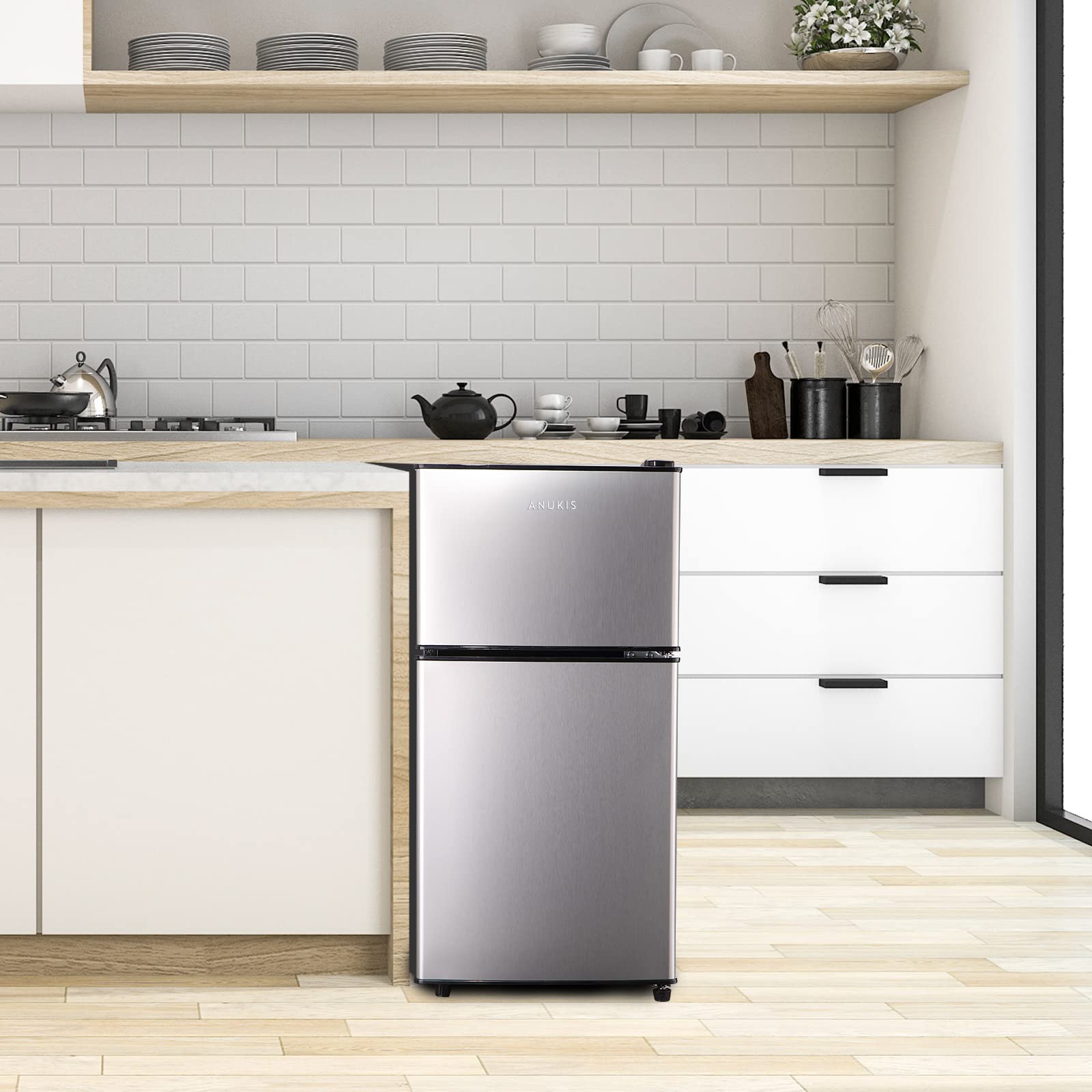 Anukis 3.8 Cu Ft Compact Refrigerator with Freezer - 2 Door Mini Fridge for Small Spaces, Dorm Room, Office, Bedroom, Basement & Garage - Energy Efficient Silver Appliance - Perfect for Beverages, Snacks & Meal Prep Storage