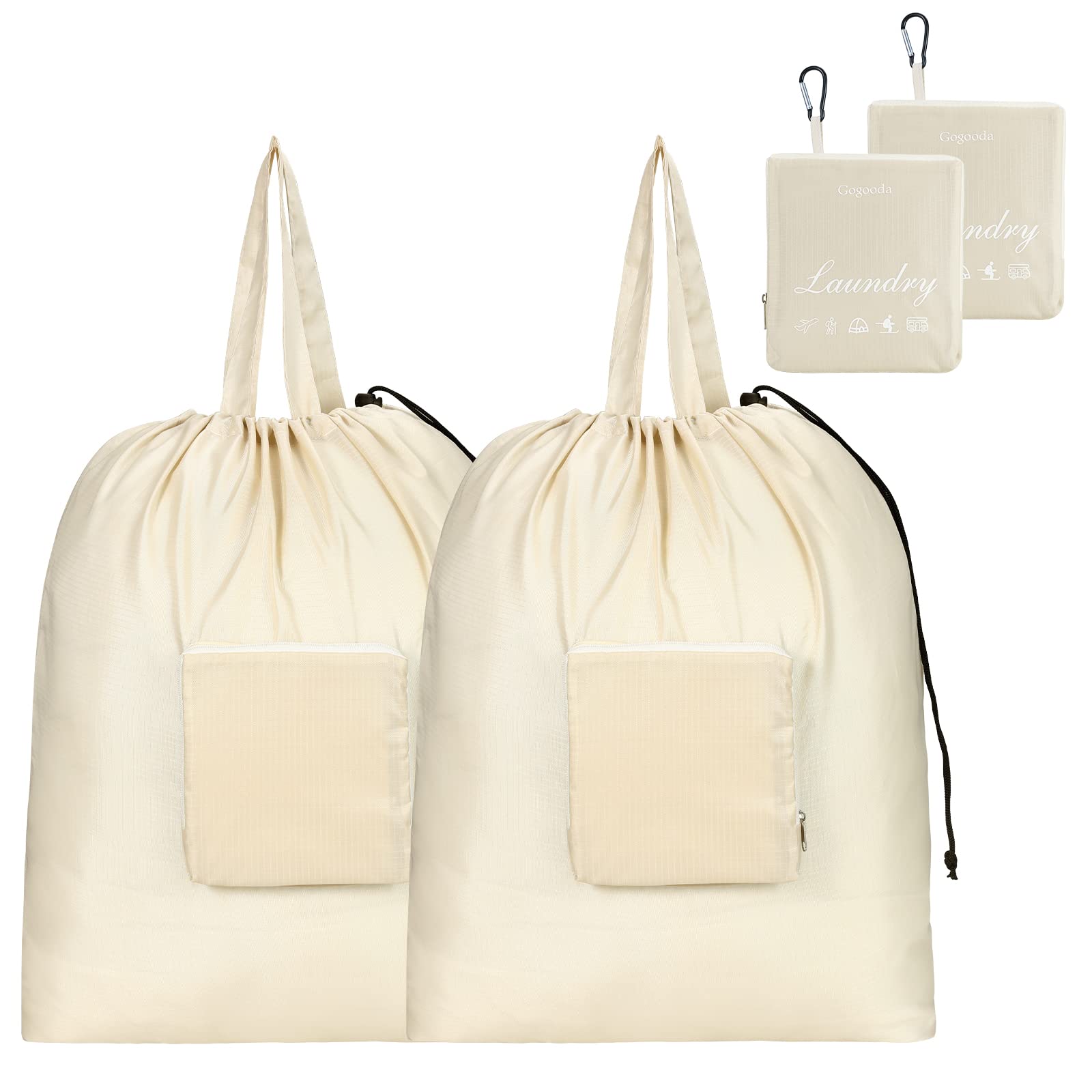 GOGOODA XL Large Travel Laundry Bags with Drawstring Closure - Foldable Dirty Clothes Storage with Handle, Heavy Duty & Washable for College Dorm, Travel, Camping - 2 Pack Beige | Perfect for Organizing Laundry on Trips, in Dorms & Outdoor Adventures