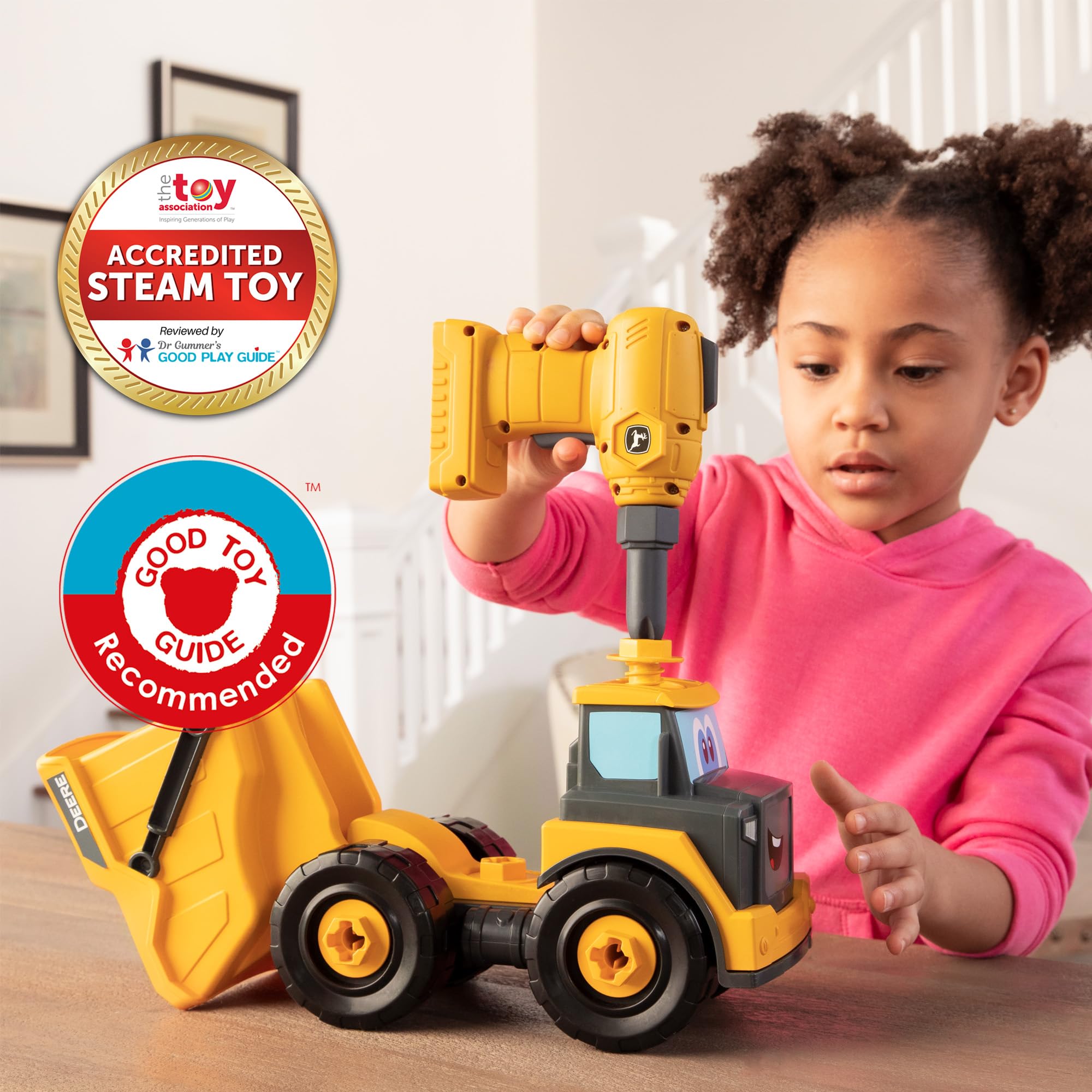 Build-A-Buddy John Deere Dump Truck Toy - STEM Building Take Apart Construction Truck with Toy Drill - AA Batteries Included - Yellow - Educational Toys for Kids Ages 18 Months+ - Perfect for Indoor Play and Learning
