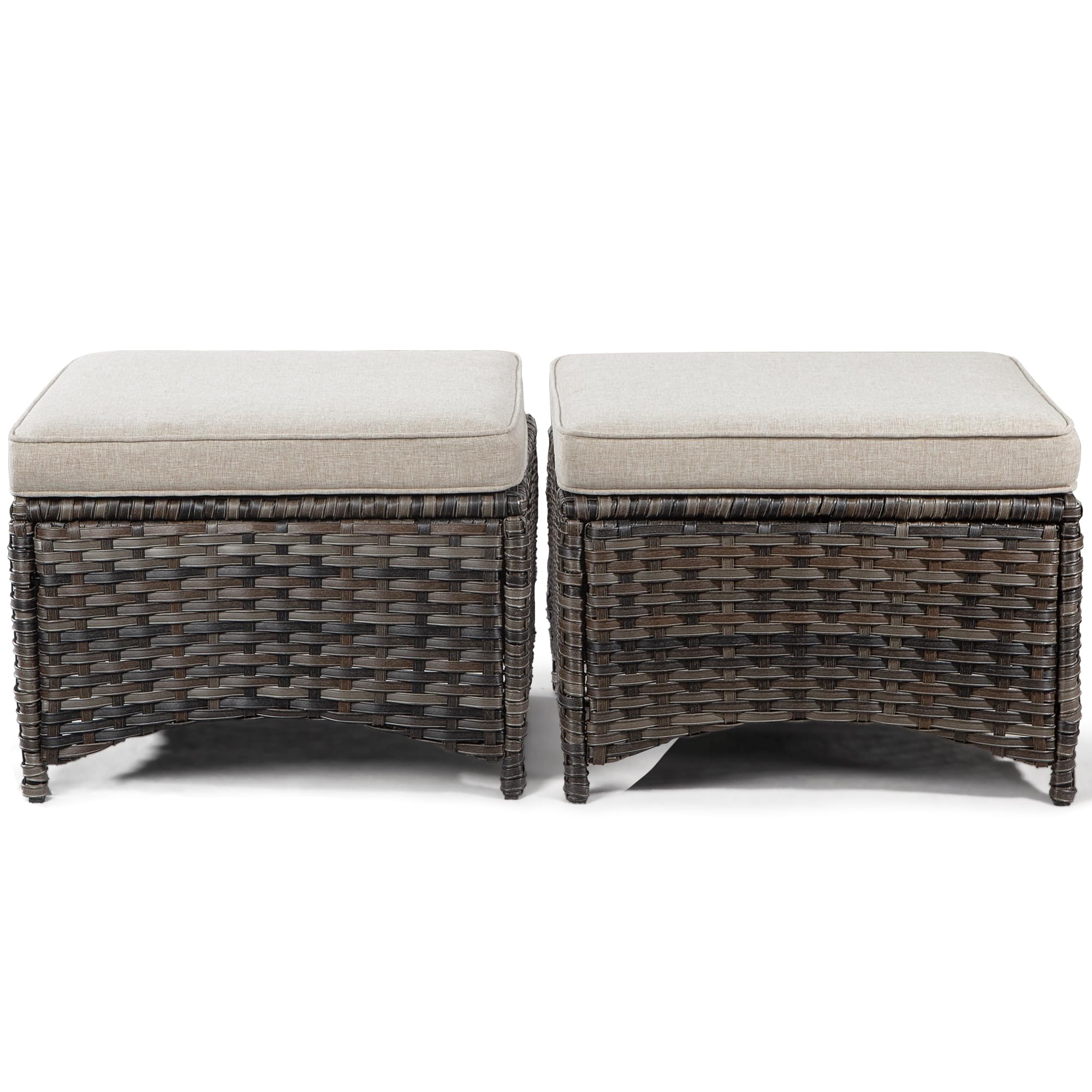 2-Piece Patio Ottoman Set - PE Wicker Steel Frame Outdoor Footstool with Removable Olefin Cushions for Patio, Backyard, Deck - Beige - Perfect for Outdoor Lounging, Entertaining & Relaxation