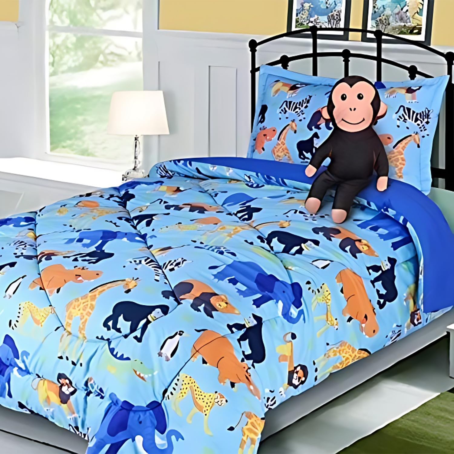 Golden Linens Twin Size 6-Piece Kids Bedding Set - Comforter, Pillowcases, Sheet & Cushion Cover with Jungle Animal Print (Elephant, Giraffe, Lion, Monkey) - Perfect for Zoo-Themed Kids' Rooms, Birthday Gifts & Nursery Decor