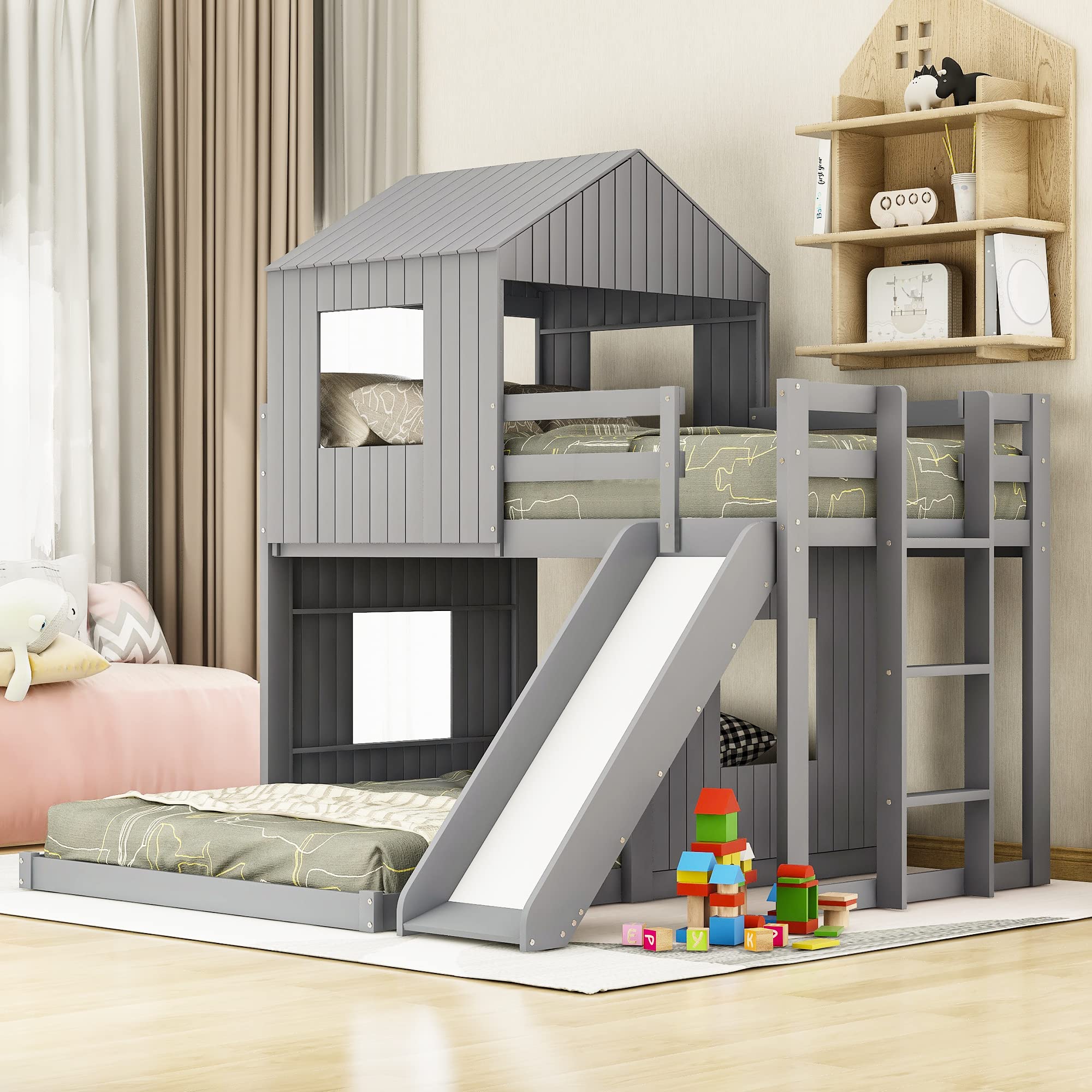 MOEO House Twin Over Full Bunk Bed with Slide & Ladder - Wooden Loft Bed Frame with Roof & Guardrails - Playhouse Bunk Bed for Kids, Teens, Adults - No Box Spring Needed - Grey - Perfect for Small Bedrooms, Playrooms & Shared Kids' Spaces
