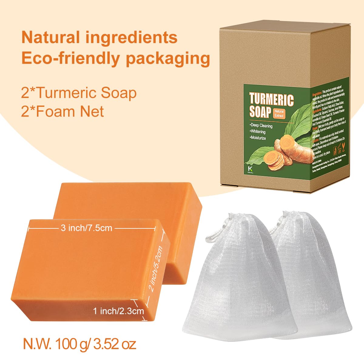 Organic Turmeric Soap Bar for Face & Body - Handmade 3-in-1 Gentle Cleansing Bar for Acne, Dark Spots & Glowing Skin (2-Pack) | Natural Skincare, Daily Face Wash & Body Cleanser for Men & Women