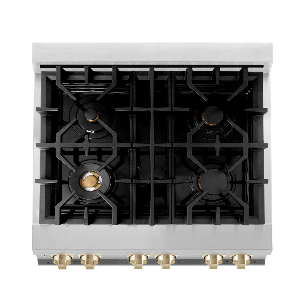 ZLINE RAZ 30 G 30-inch 4.0 cu.ft Dual Fuel Range - Stainless Steel Gas Stove with 4 Burners & Electric Convection Oven - Polished Gold Accents - Professional Kitchen Appliance for Home Chefs & Cooking Enthusiasts
