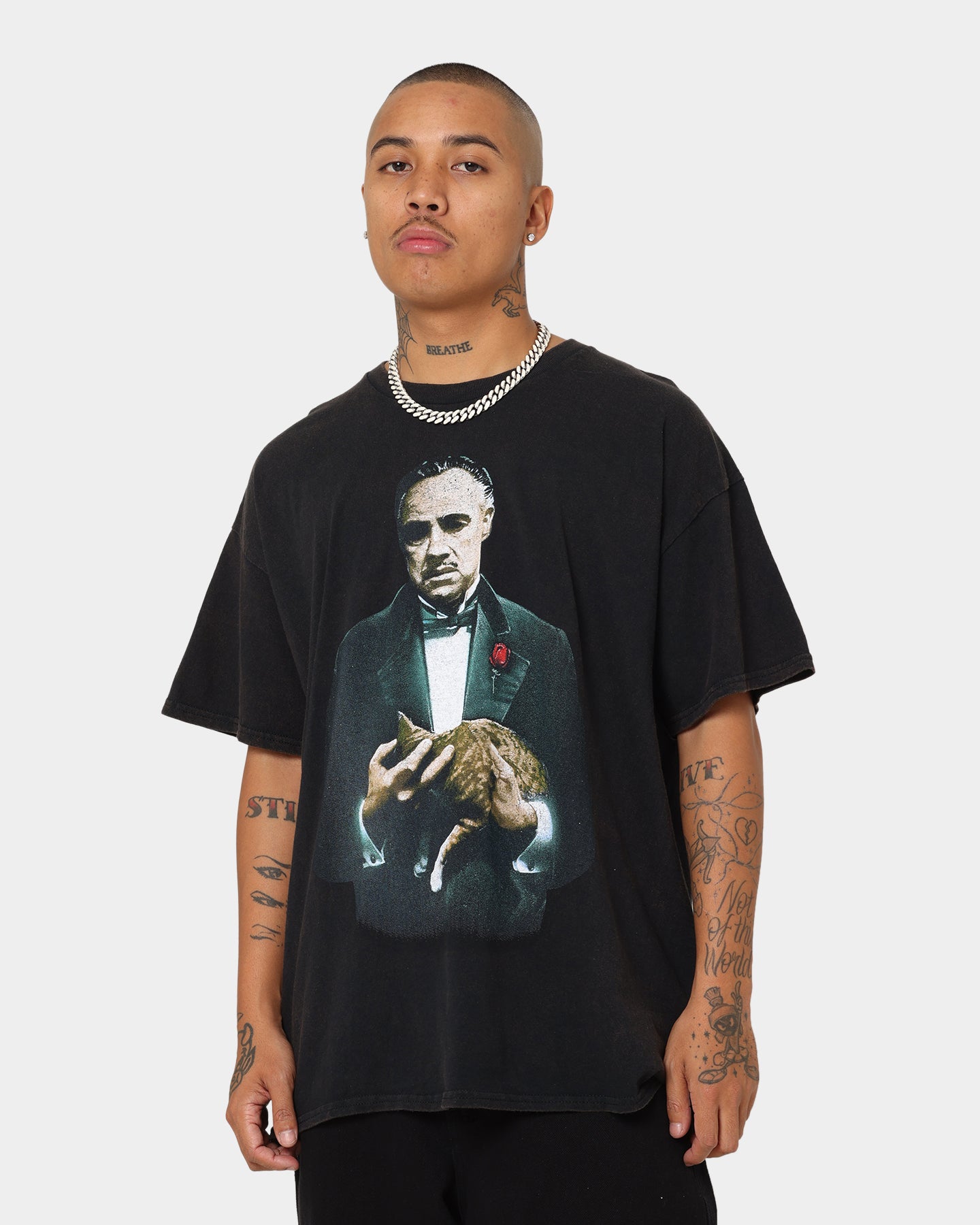 The Godfather Cat Vintage T-Shirt | Black Wash Distressed Tee | American Thrift Graphic Novelty Shirt | Perfect for Movie Fans, Cosplay & Casual Wear