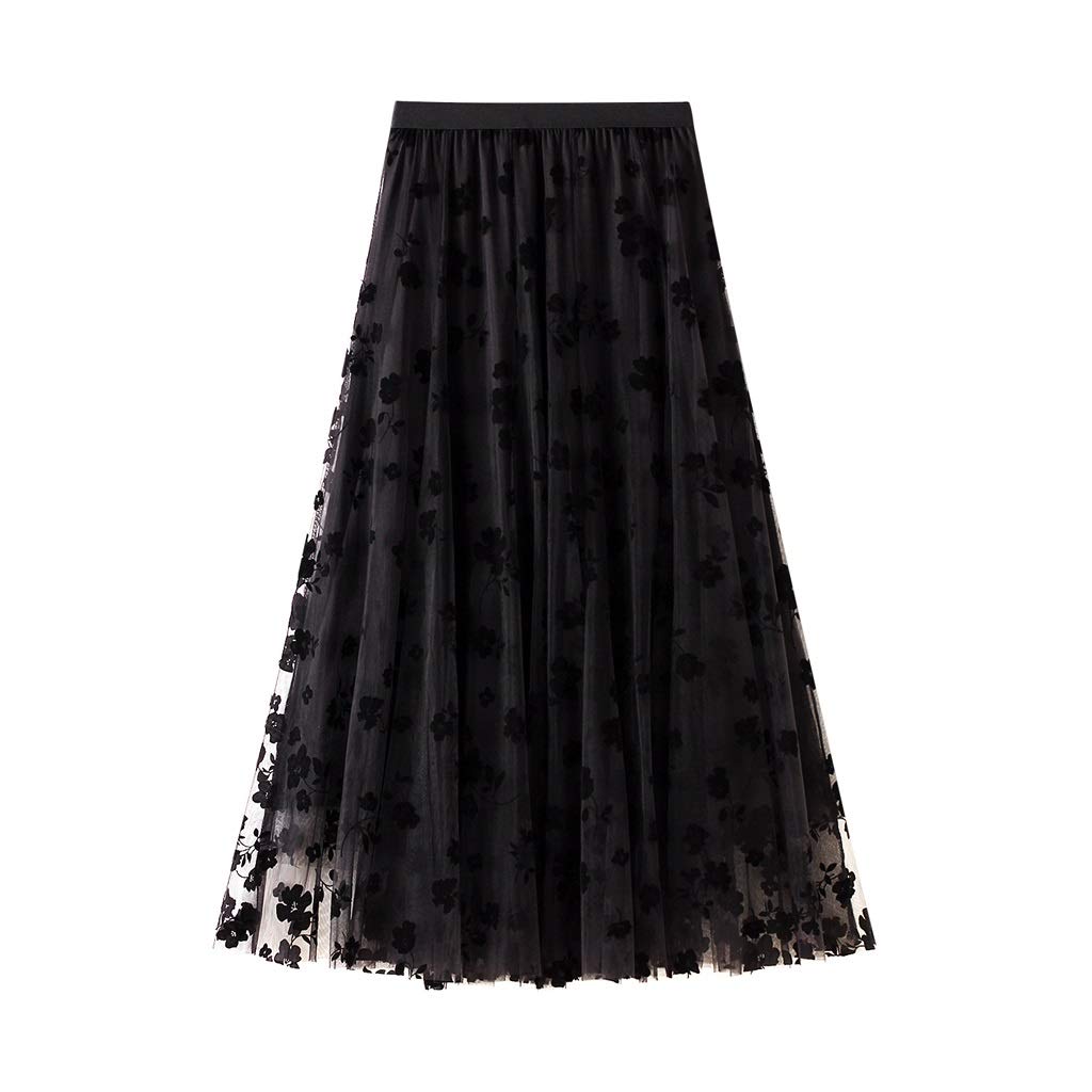 SPNEC Women's Floral Tulle Mesh Skirt - High Waist Elastic A-Line Midi Skirt with Layered Flower Print for Spring Summer | Perfect for Weddings, Parties, and Casual Outfits