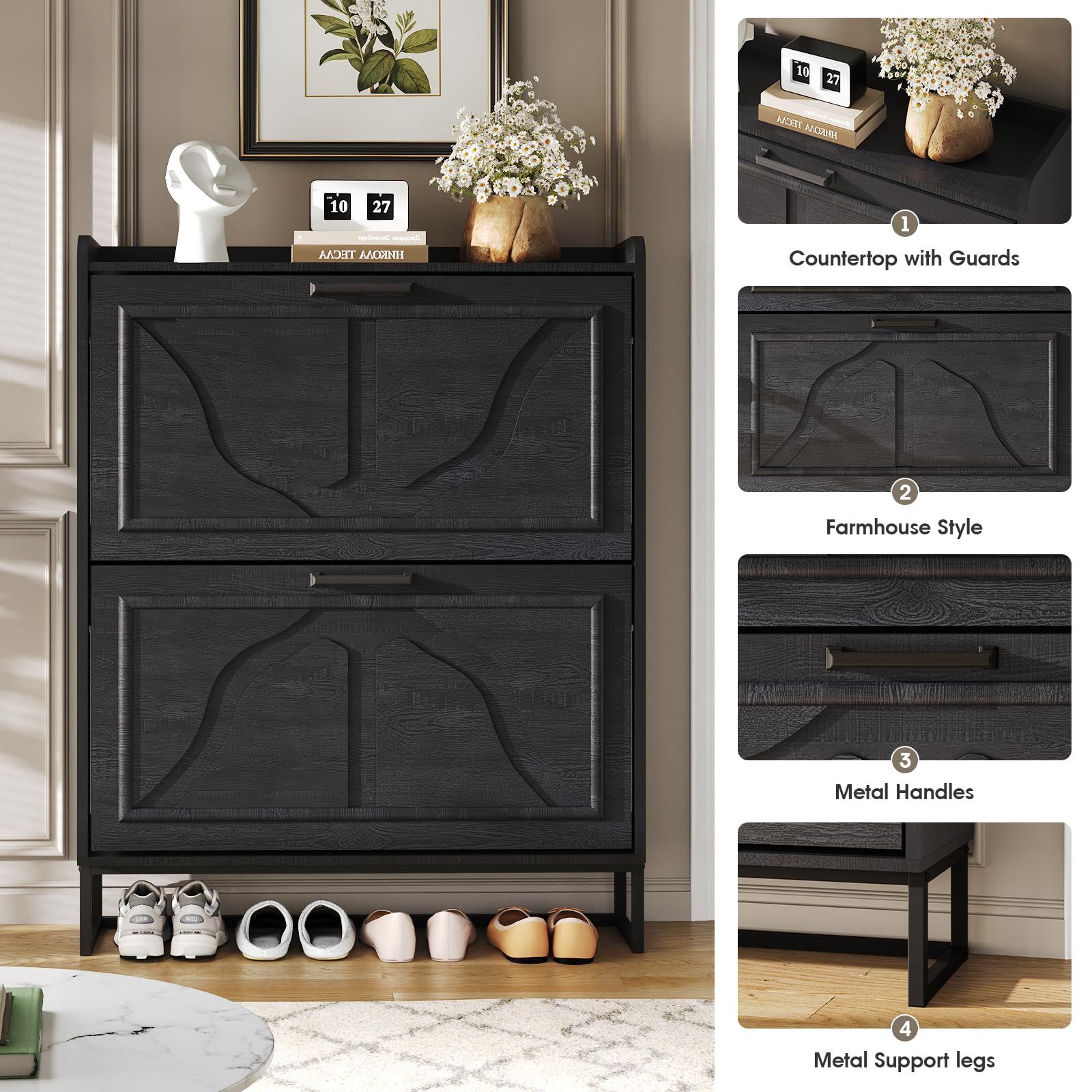Maupvit 2-Tier Flip-Door Shoe Cabinet - Freestanding Entryway Shoe Storage Organizer with Metal Legs, Slim Space-Saving Design for Hallway, Closet & Apartment - Perfect for Small Spaces & Shoe Organization (Black)