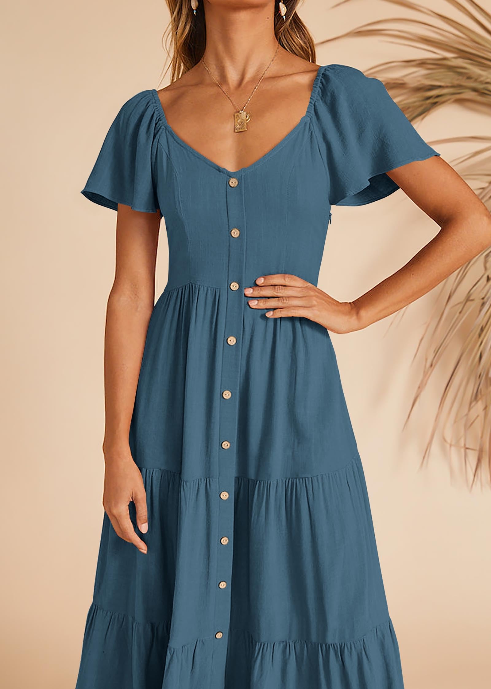 KIRUNDO Women's Linen Short Sleeve Midi Dress - V Neck Button Down Tiered Sundress with Pockets for Spring Summer Casual Wear | Beach Vacation, Brunch, Date Night Outfits