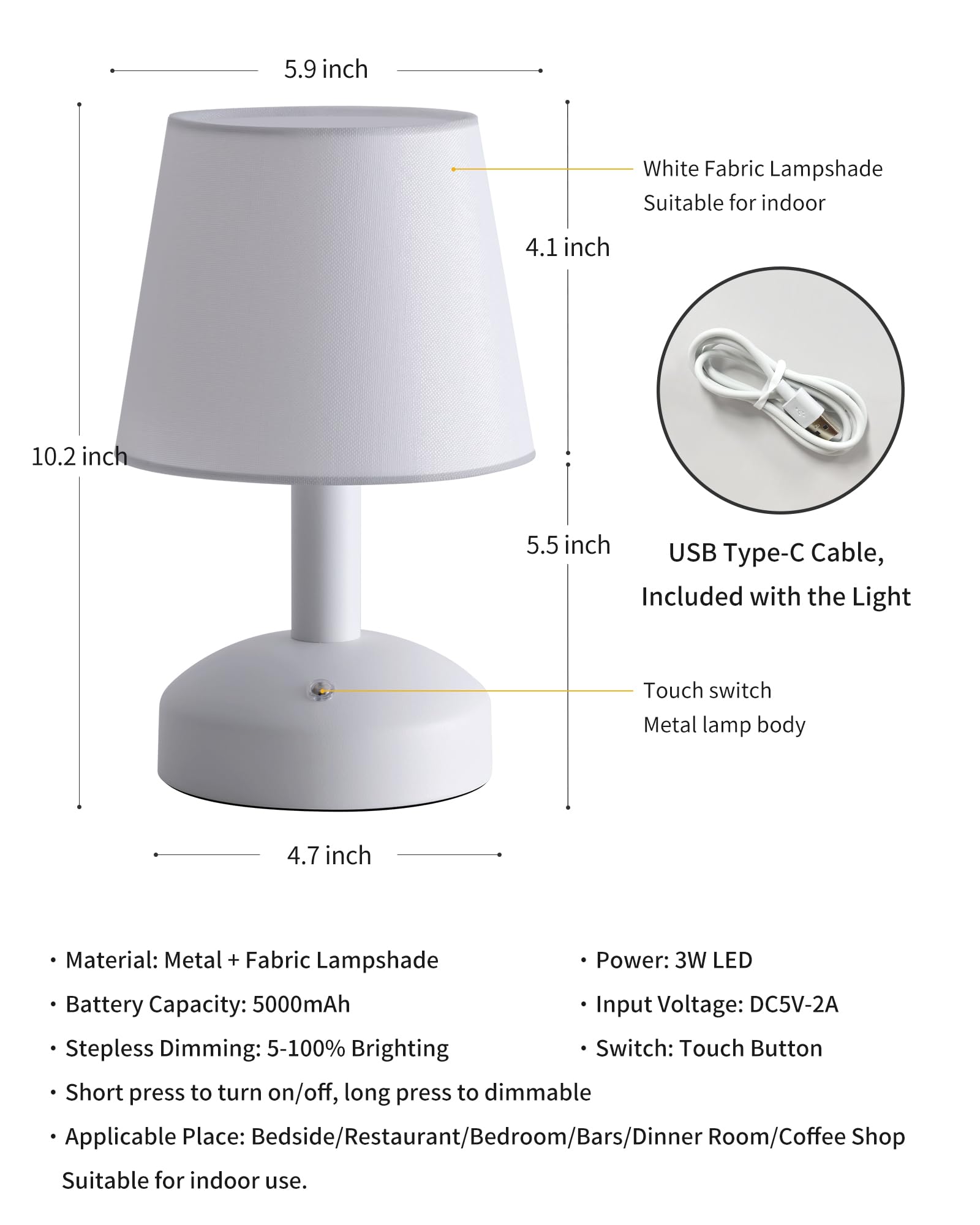 KDG Modern Cordless Small Table Lamp - Portable LED Fabric Shade Desk Lamp with 5000mAh Rechargeable Battery, Bedside Night Light for Bedroom, Living Room, Office, Dorm & Nursery (White) | Perfect for Reading, Working & Relaxing at Night
