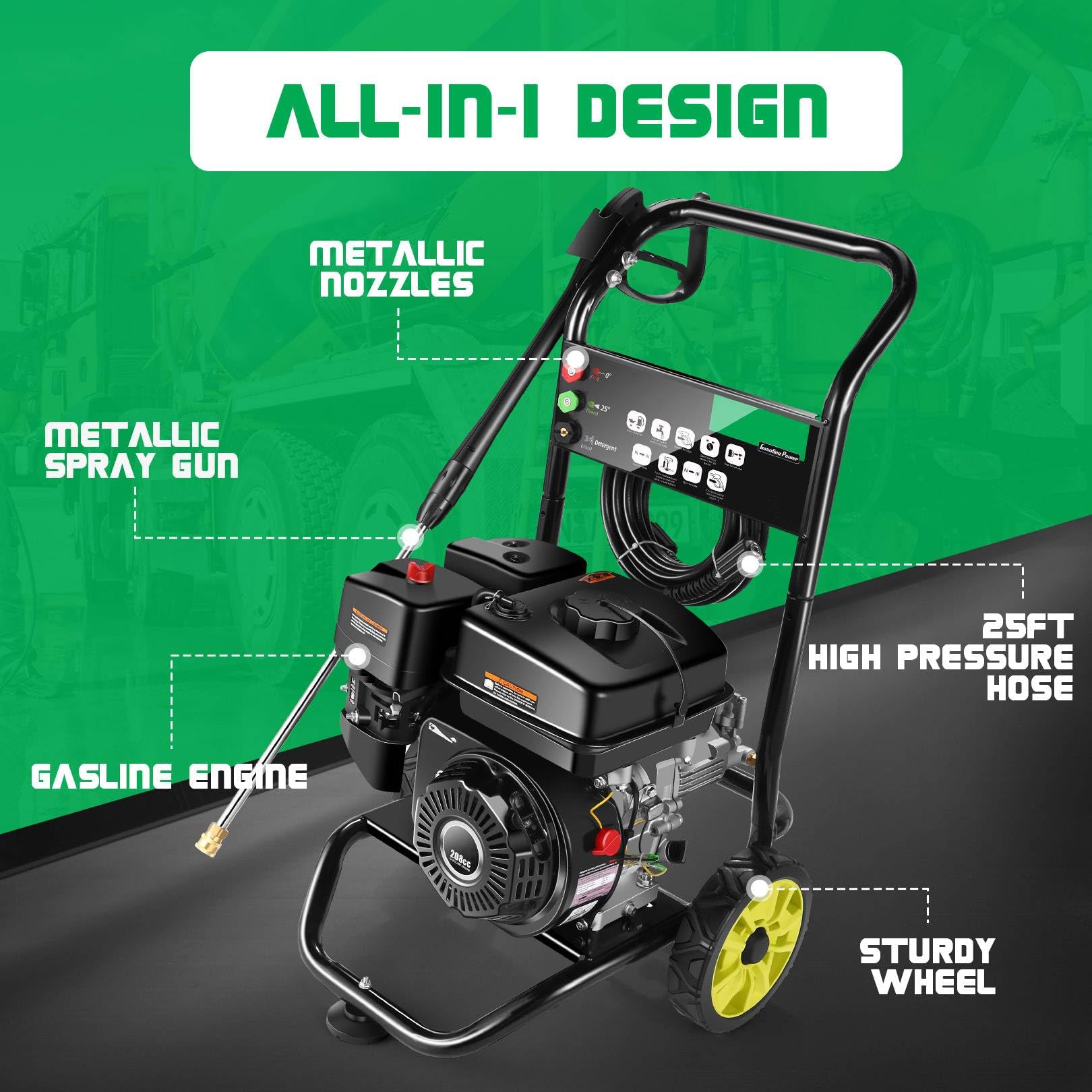 4000PSI 2.6GPM Gas Pressure Washer with 208CC 7.0HP Engine - Heavy Duty Commercial Power Washer with 3 Nozzles & 25FT Hose - Ideal for Home, Yard, Garden, Car, Driveway, Fence Cleaning - Yellow