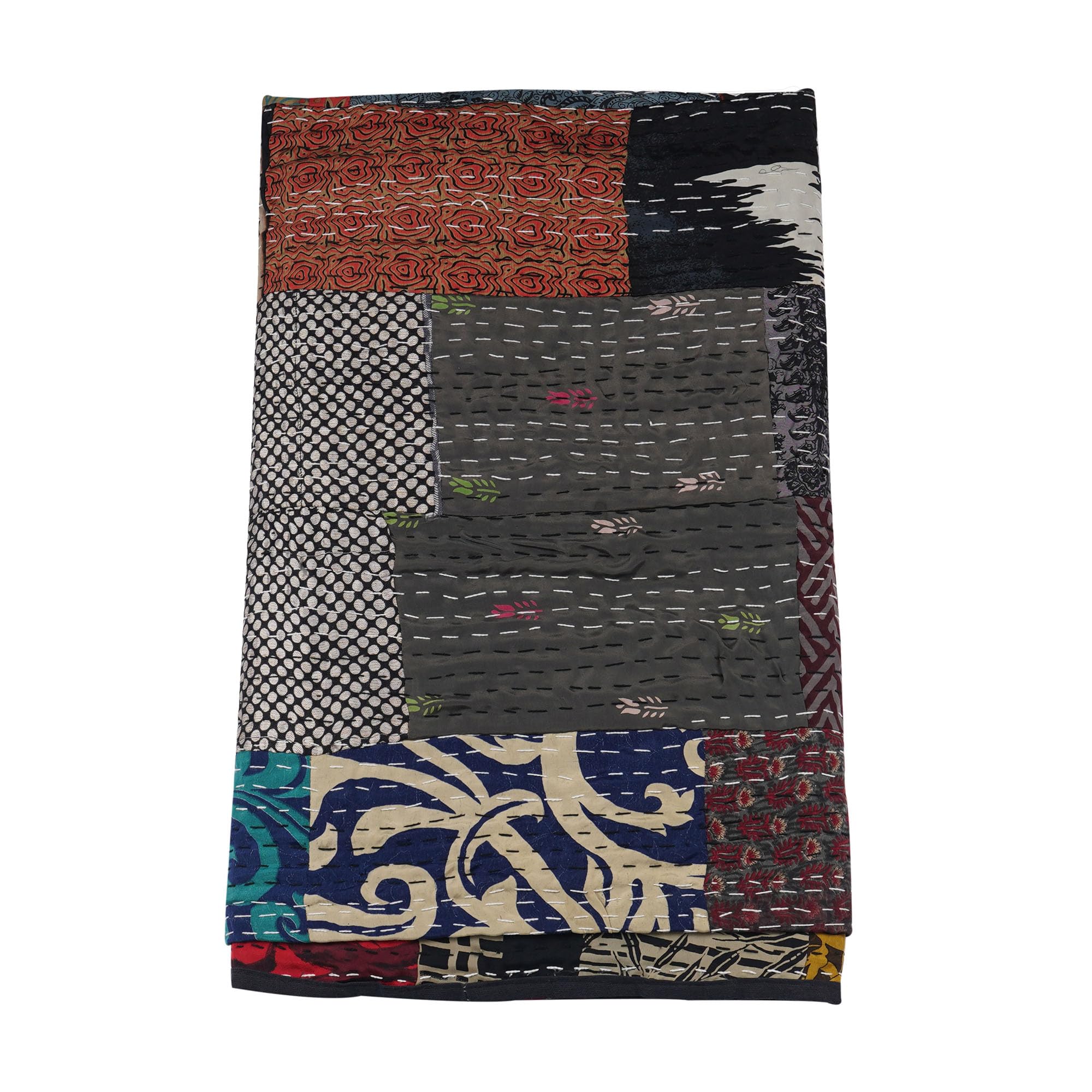 Handmade Cotton Kantha Blanket - Indian Silk Sari Patchwork Quilt | Queen Size 90x108 Inch | Soft & Lightweight for Bed, Sofa & Travel | Marubhumi Premium Blankets