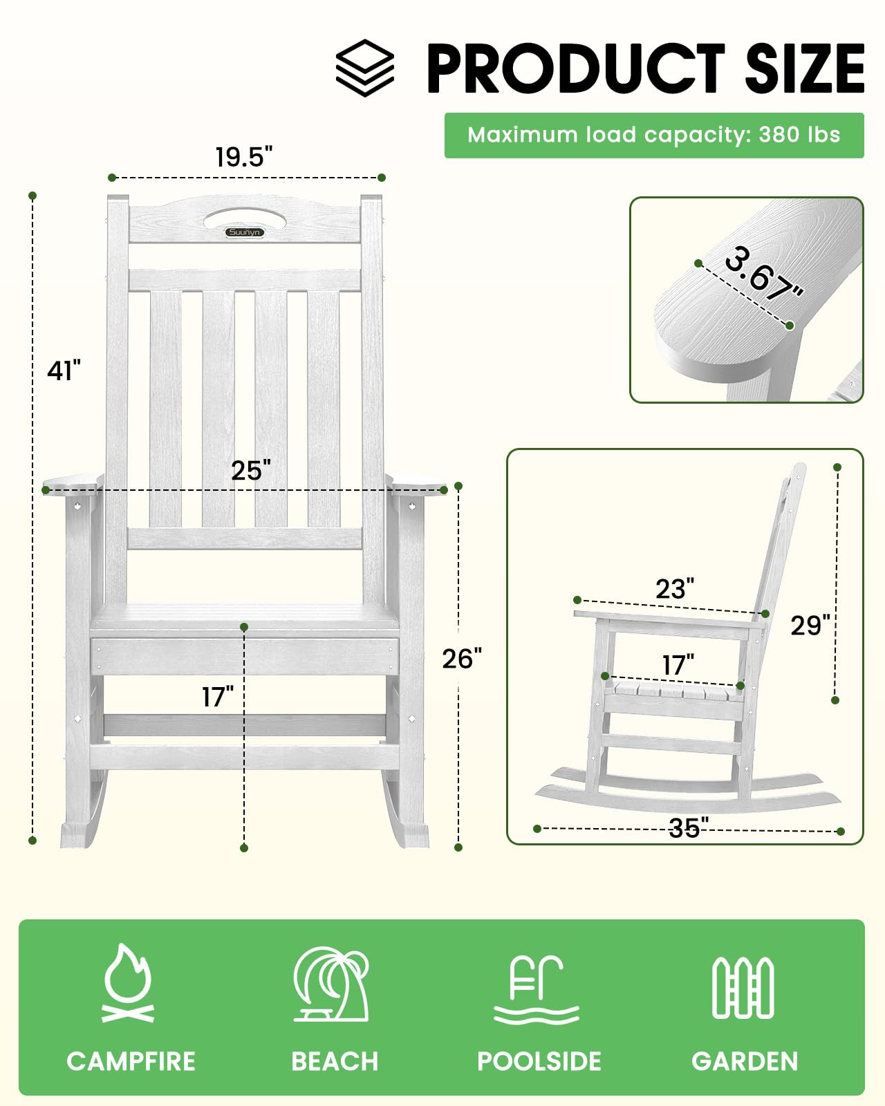 Premium Oversized Outdoor Rocking Chair - High Back Patio Rocker with 380lb Weight Capacity - All-Weather HDPE Material - Perfect for Porch, Garden & Backyard Relaxation (White)