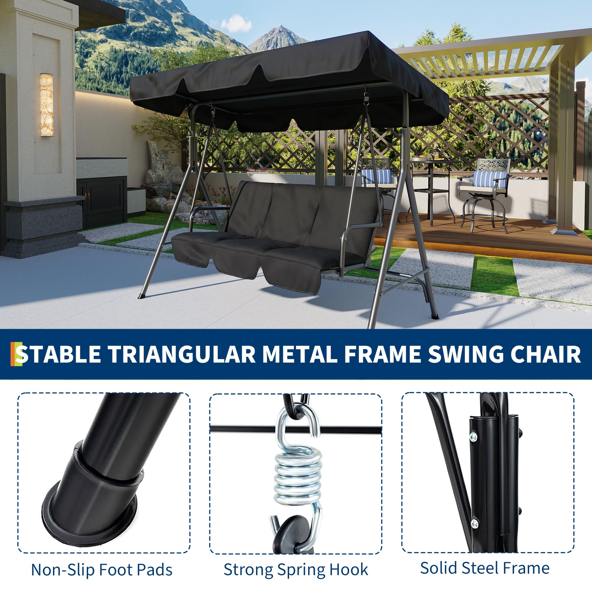GARVEE 3-Person Patio Swing Chair with Convertible Canopy - Outdoor Hanging Glider Lounge Chair with Adjustable Tilt Shade for Porch, Garden, Backyard & Poolside Relaxation