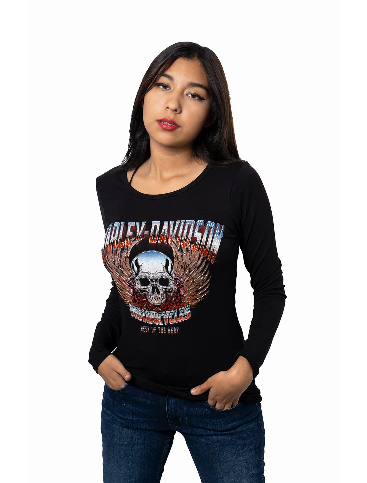 Harley-Davidson Women's Wild Rose Winged Skull Black Long Sleeve T-Shirt | Vintage Biker Tee for Motorcycle Riders & Rock Fans | Perfect for Casual Wear, Bike Rallies & Concert Outfits
