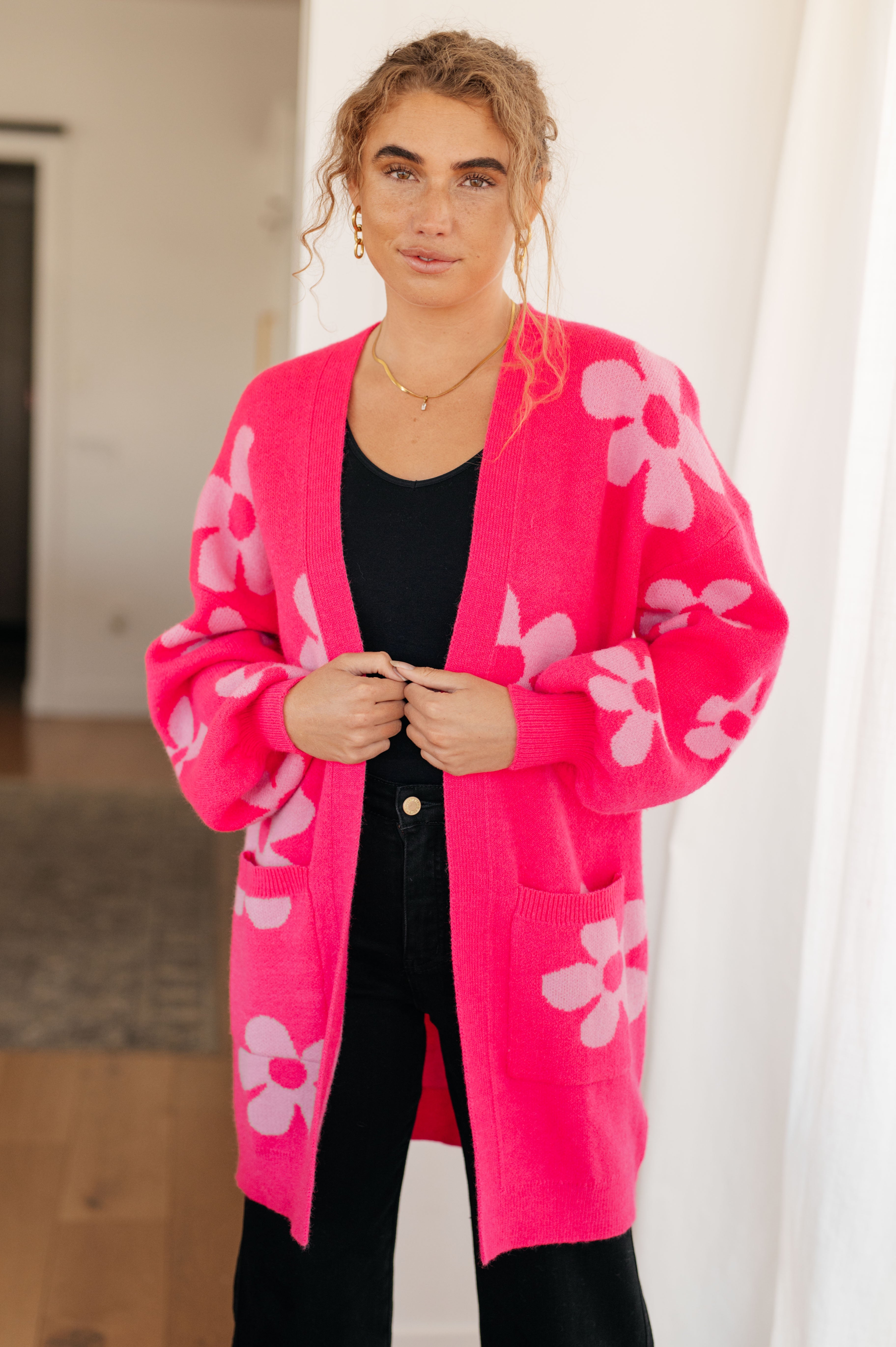 Floral Cardigan for Women - Pink Knit Open Front Sweater | Lightweight & Comfortable | Perfect for Spring, Summer, and Casual Outfits