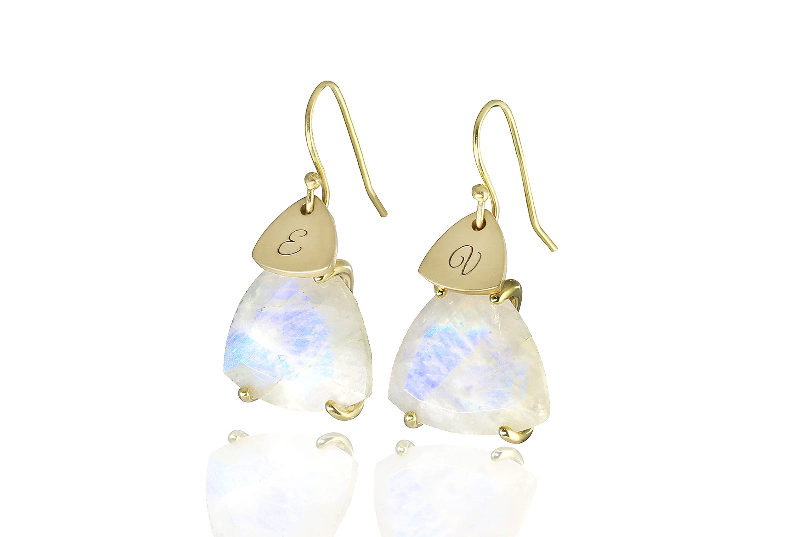 Rainbow Moonstone Coin Engraved Gold Dangle Statement Earrings - Personalized Initial Name Jewelry - June Birthstone Gemstone Gift for Women - Perfect for Weddings, Anniversaries & Special Occasions