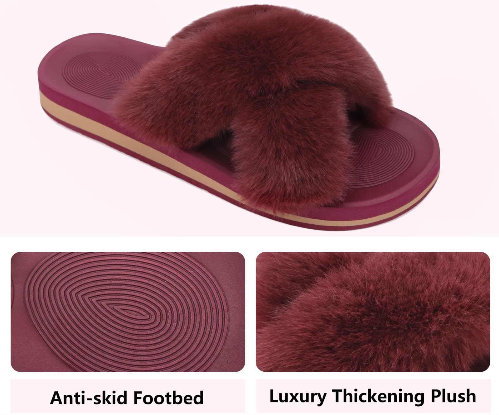 COFACE Women's Fuzzy Slides - Fluffy Faux Fur House Slippers with Arch Support, Open Toe Sandals for Indoor/Outdoor Use - Perfect for Yoga, Lounging & Home Comfort