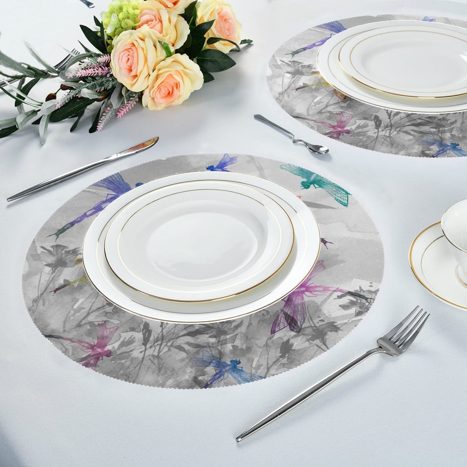 Premium Round Placemats Set of 6 - Washable Polyester Table Mats with Elegant Ink Flower & Dragonfly Design - Perfect for Dining Tables, Kitchen Decor, and Special Occasions
