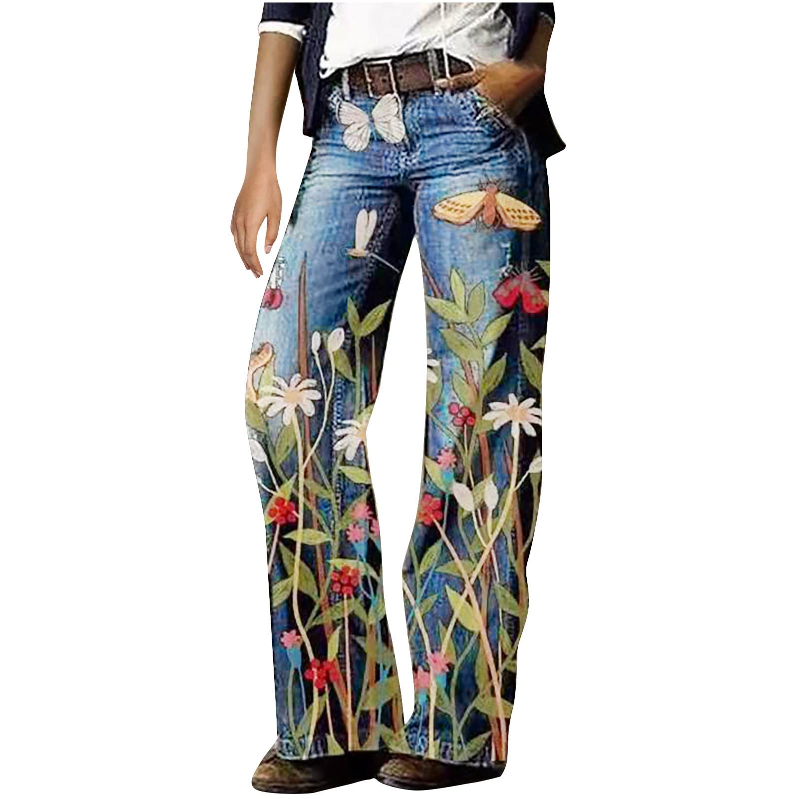 Women's High Waist Wide Leg Jeans - Casual Straight Baggy Denim Pants with Floral Print & Bell Bottom for Everyday Wear, Work & Outfits