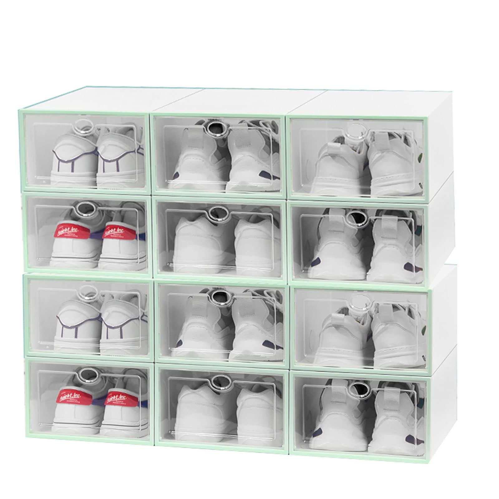 Clear Plastic Stackable Shoe Storage Boxes - 12 Pack with Transparent Door | Space Saving Foldable Shoe Containers for Closet Organization | Perfect for Sneakers, Boots & Heels (Green, 29x20.5x12cm/11.4x8.1x4.7in)