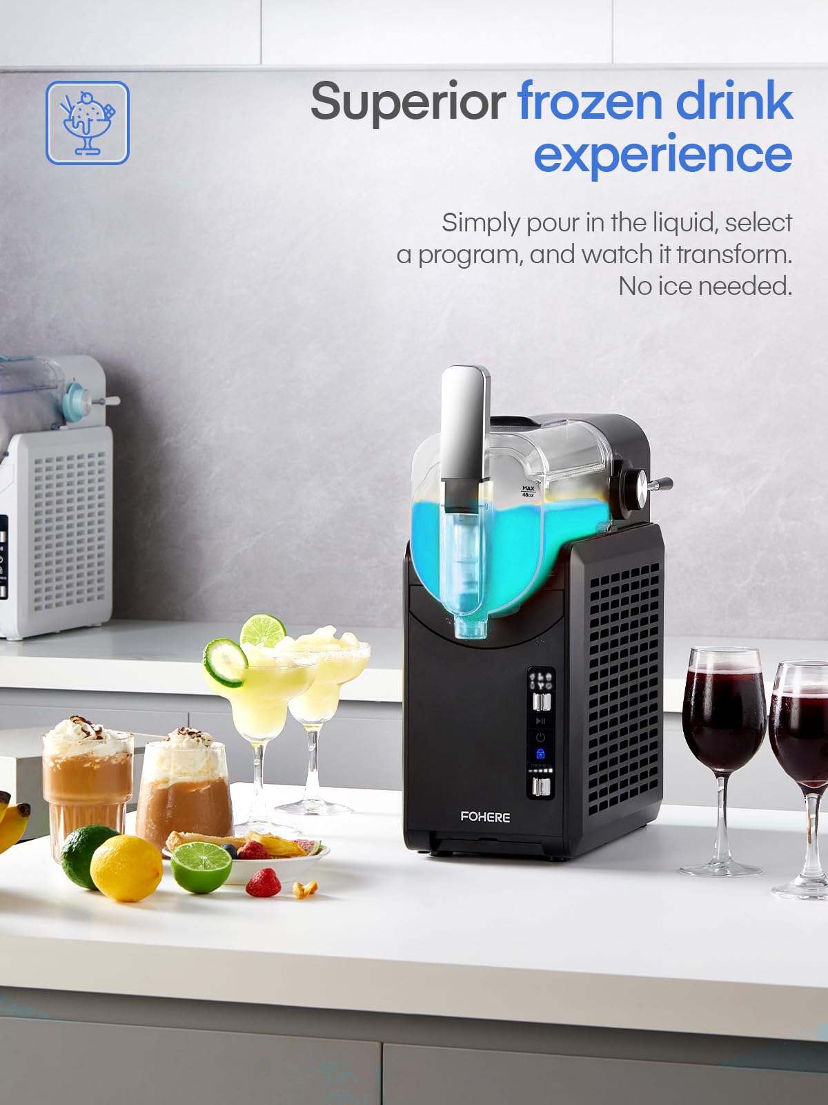 FOHERE Commercial Slushie Machine - No Ice Needed, Self-Cleaning Frozen Drink Maker for Home & Business - 5 Preset Modes for Margaritas, Frappés, Milkshakes - Perfect for Parties, Restaurants & Summer Refreshments