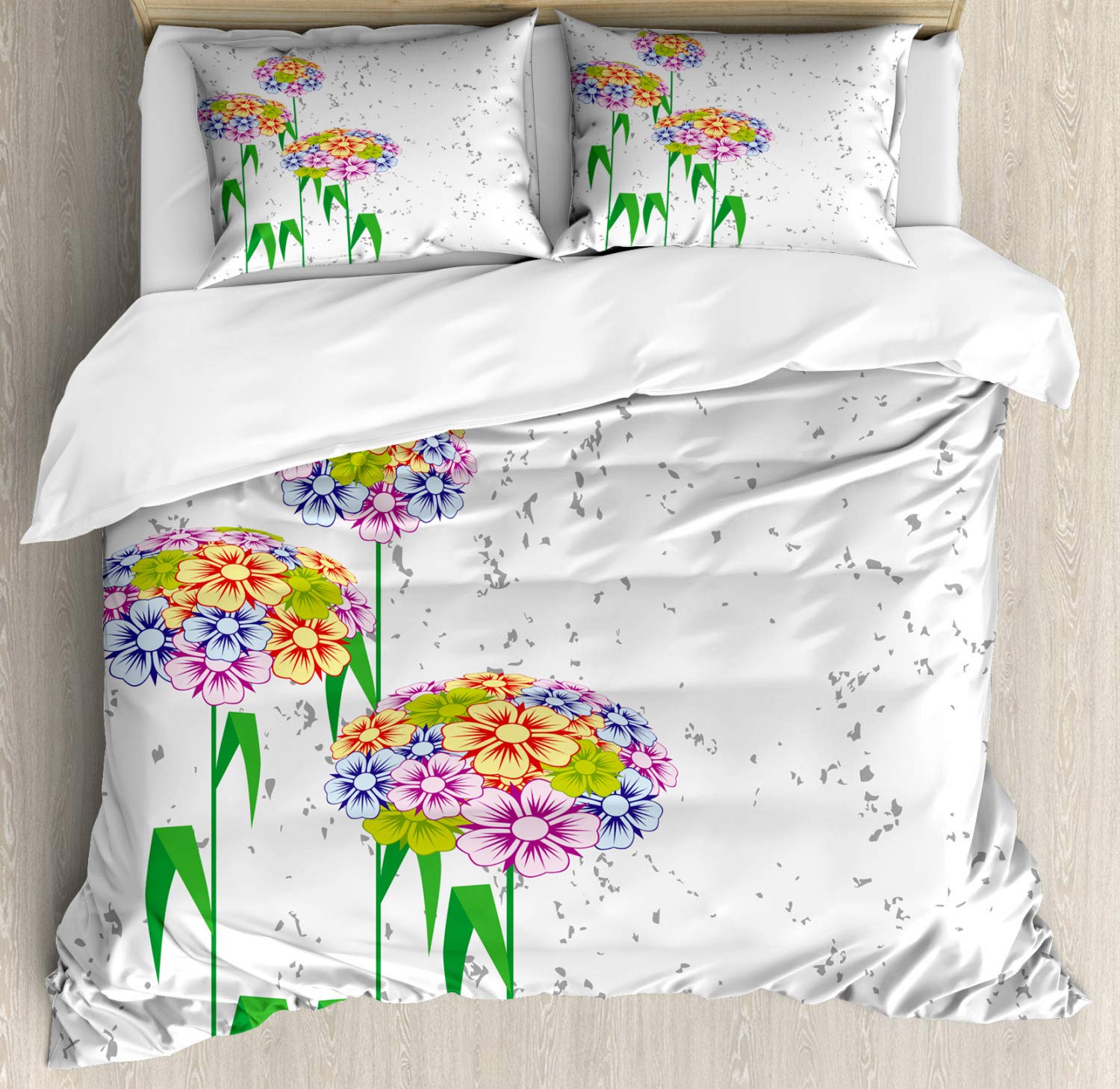 **Ambesonne Floral Duvet Cover Set - King Size 3-Piece Bedding with Colorful Daisy & Green Leaf Botanical Design, Decorative Nature Garden Theme for Master Bedroom, Guest Room, or Vacation Home**