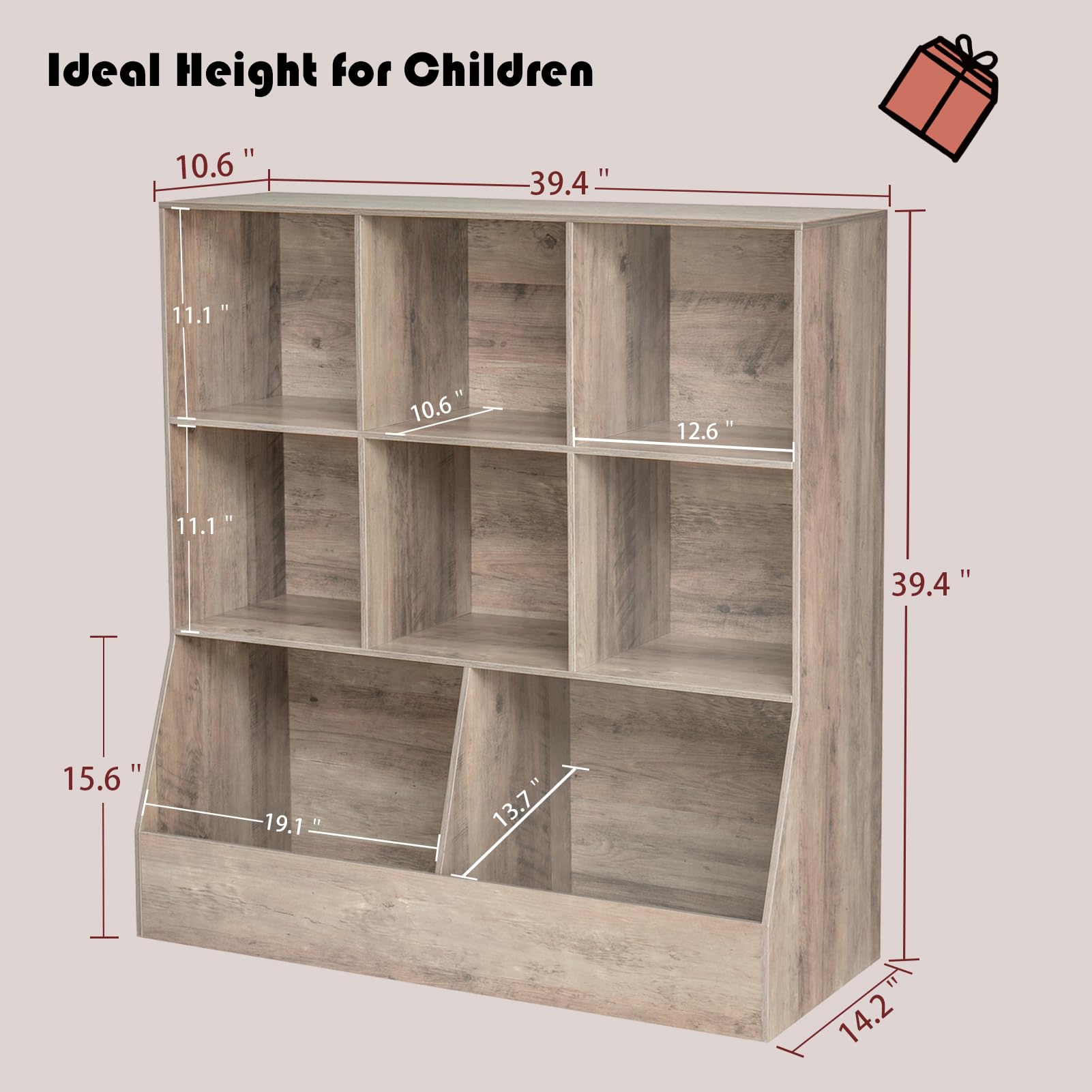 DINZI LVJ Kids Wooden Toy Storage Organizer & Bookshelf - 8-Cubby Bookcase for Playroom, Bedroom, Nursery - 39.4