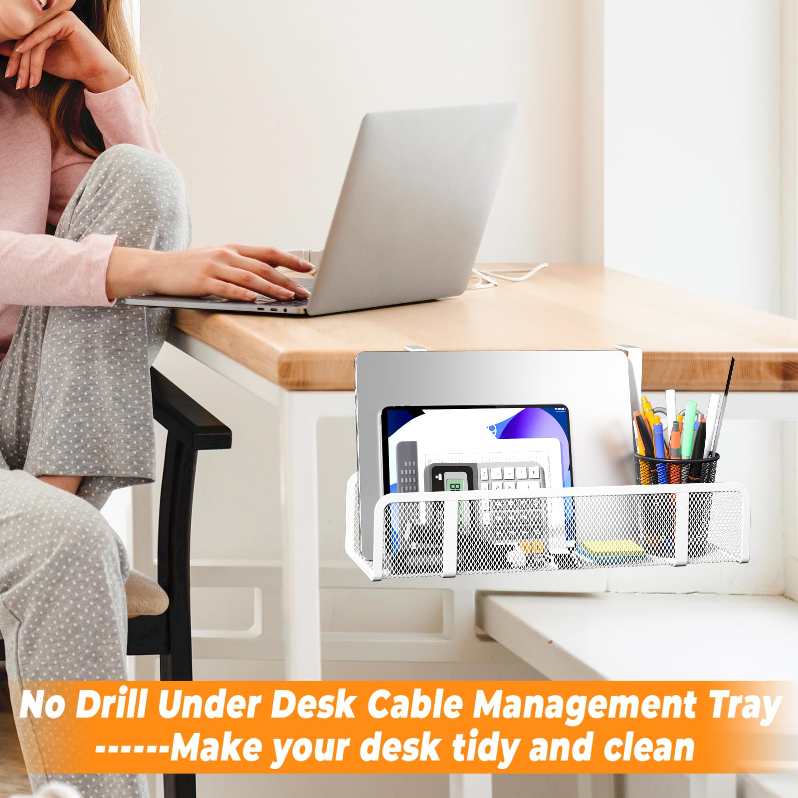 Under Desk Cable Management Tray - No Drill Wire Organizer for Office & Home | Cord Hider Box with No Damage Installation | Perfect for Computer, TV & Home Theater Setup