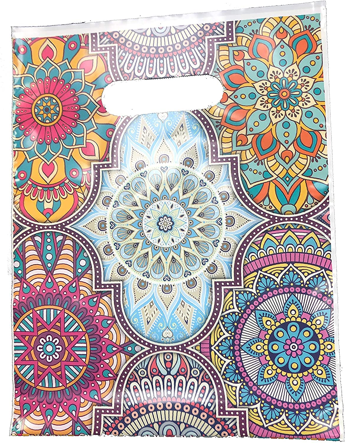 JS Mandala Plastic Gift Bags 9x12 Inches - Pack of 20 Die-Cut Handle Bags for Party Favors, Wedding Decorations & Retail Packaging