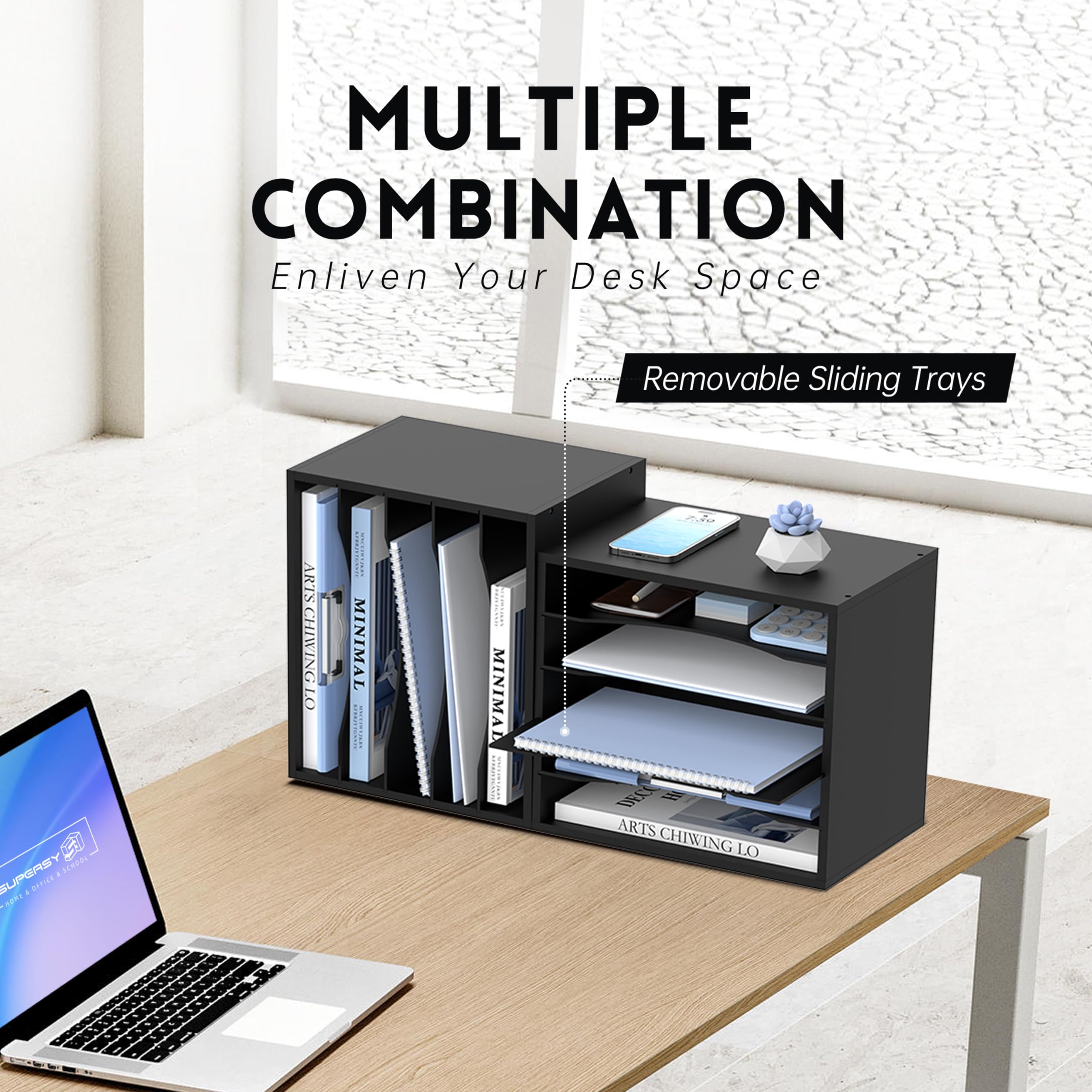 SUPEASY 5-Tier Wooden Desk Organizer - Black Paper File & Mail Sorter for Office, School & Home - Desktop Letter & Literature Organizer for Workspace Organization & Productivity