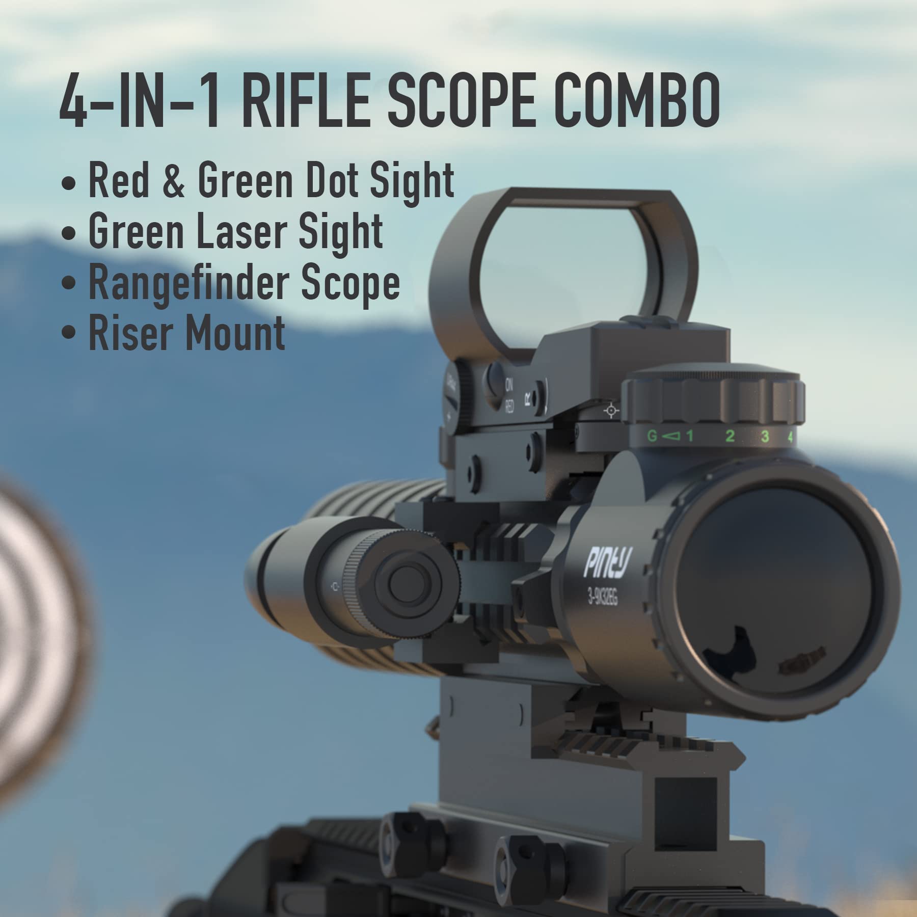 PINTY 4-in-1 Tactical Rifle Scope Combo with 3-9x32 Illuminated Hunting Scope, Red/Green Dot Sight & Laser - Picatinny Riser Mount for Hunting, Target Shooting & Home Defense