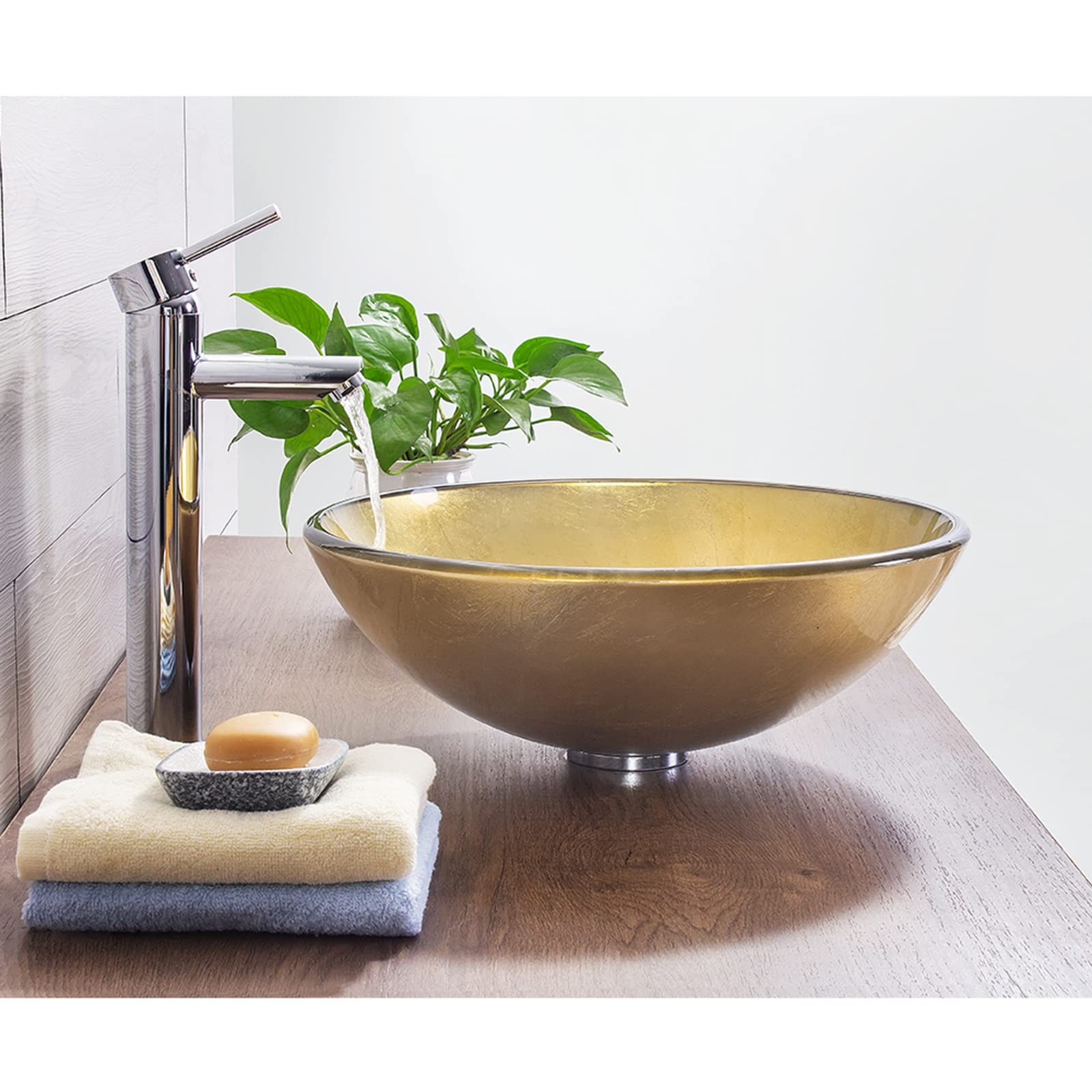 Golden Tempered Glass Vessel Sink - Round Bathroom Countertop Basin with Brass/Chrome Faucet Combo & Pop-Up Drain - Modern Vanity Sink for Luxury Bathrooms, Powder Rooms & Spa Retreats