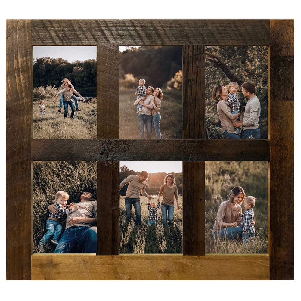 Rustic Reclaimed Barnwood Multi-Opening Photo Frame - Holds Six 5x7 Pictures - Floating Wall Collage Frame for Home & Office Decor - Perfect for Family Photos, Wedding Memories, and Gallery Walls