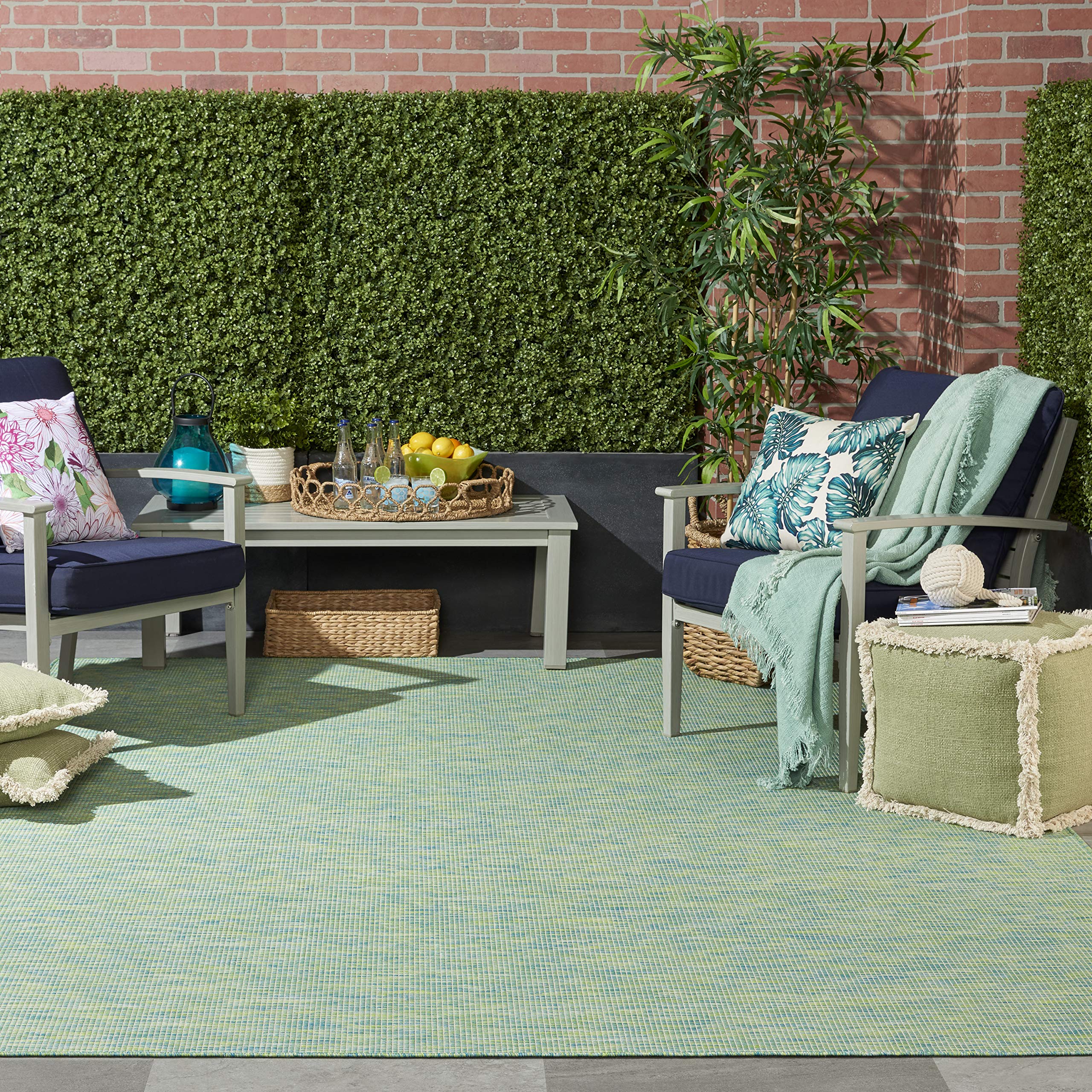 Nourison Positano 8' x 10' Indoor/Outdoor Area Rug - Blue & Green Striped Design, Easy to Clean, Non-Shedding, Stain Resistant | Perfect for Living Room, Bedroom, Dining Room, Patio, Deck & Backyard (8x10)