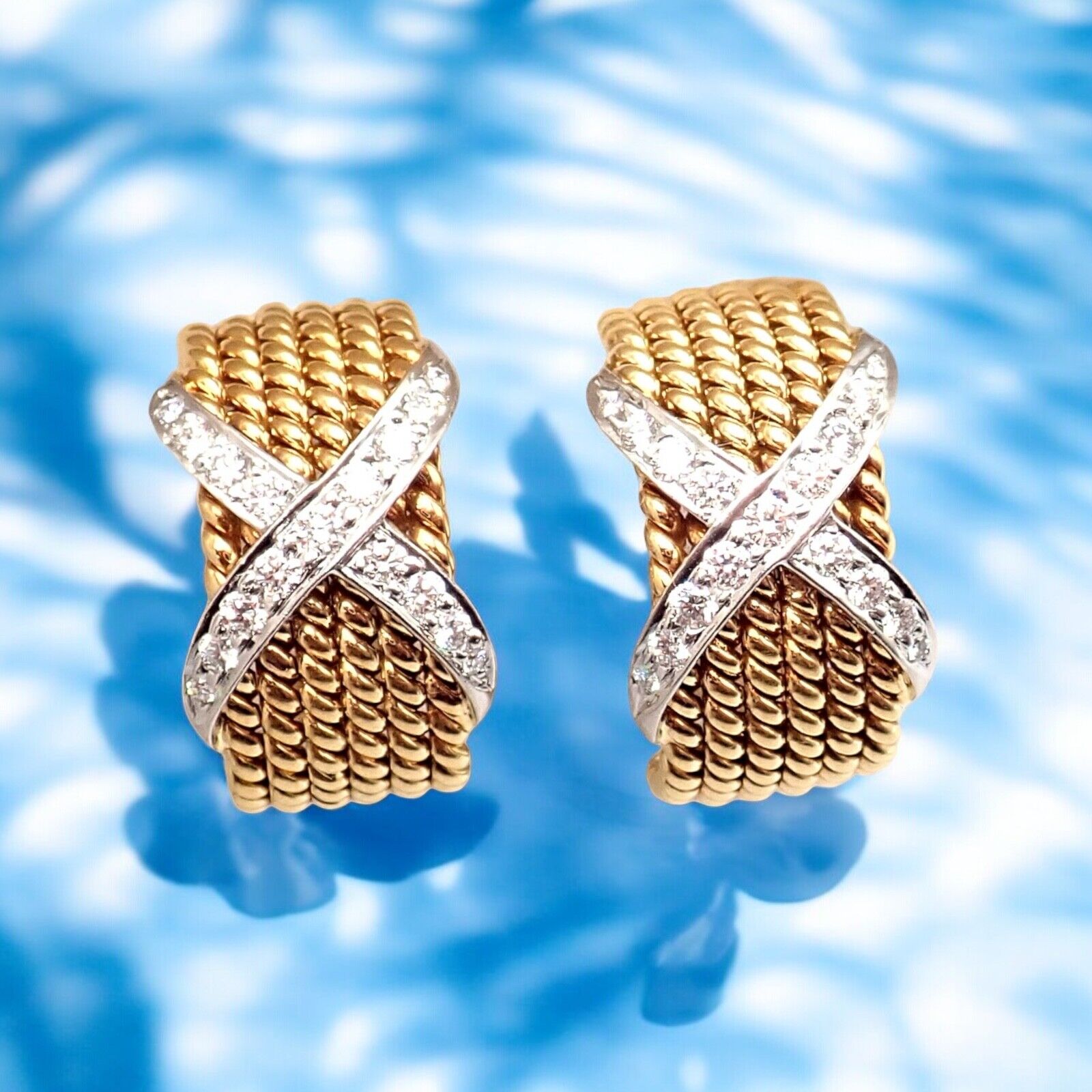 Tiffany & Co Schlumberger 18k Yellow Gold Platinum Diamond 6 Row Rope X Earrings - Luxury Diamond Hoop Earrings for Women, Perfect for Weddings, Parties & Special Occasions