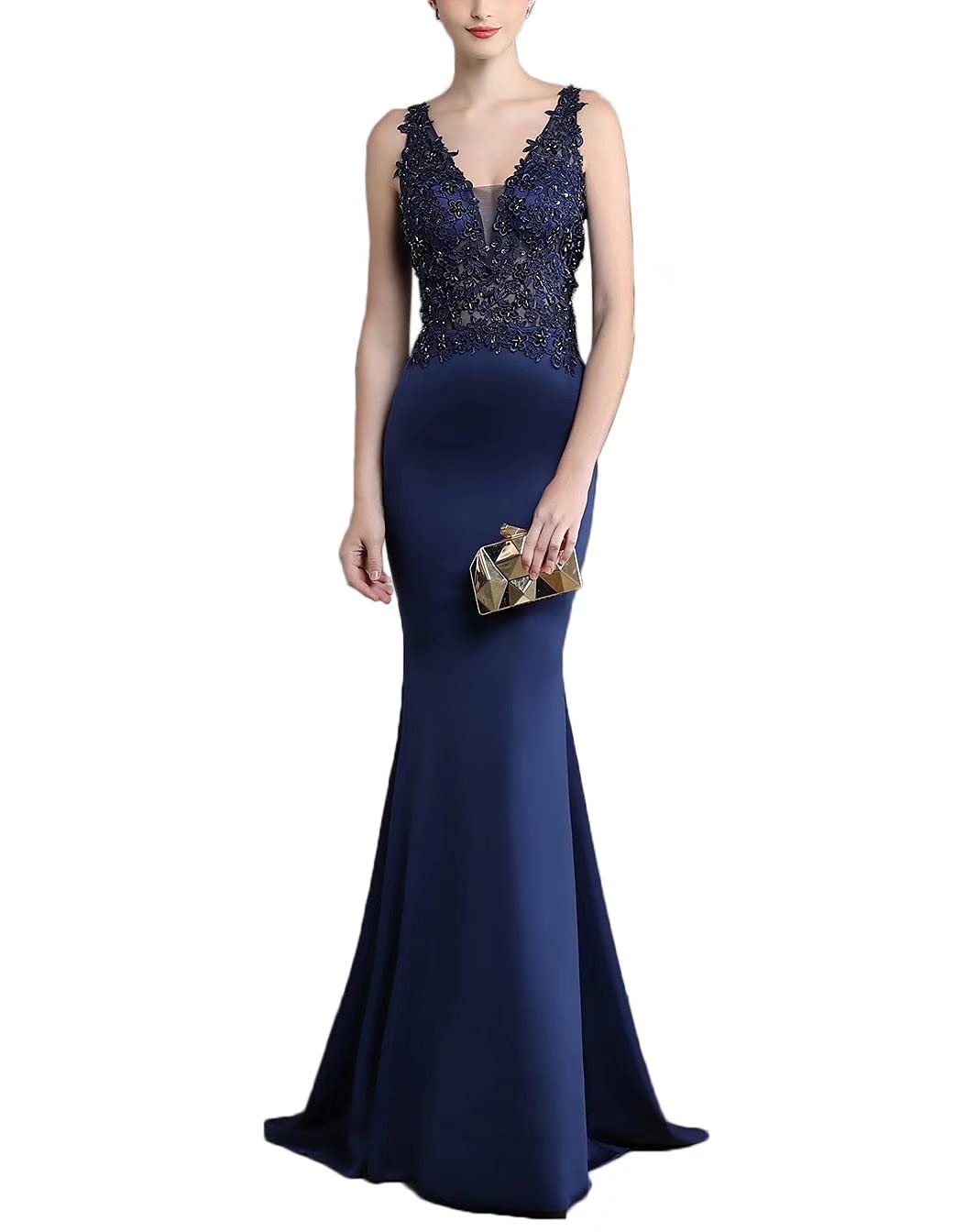 Elegant V-Neck Floral Lace Applique Mermaid Prom Dress for Women - Long Formal Evening Gown for Weddings, Galas & Special Occasions