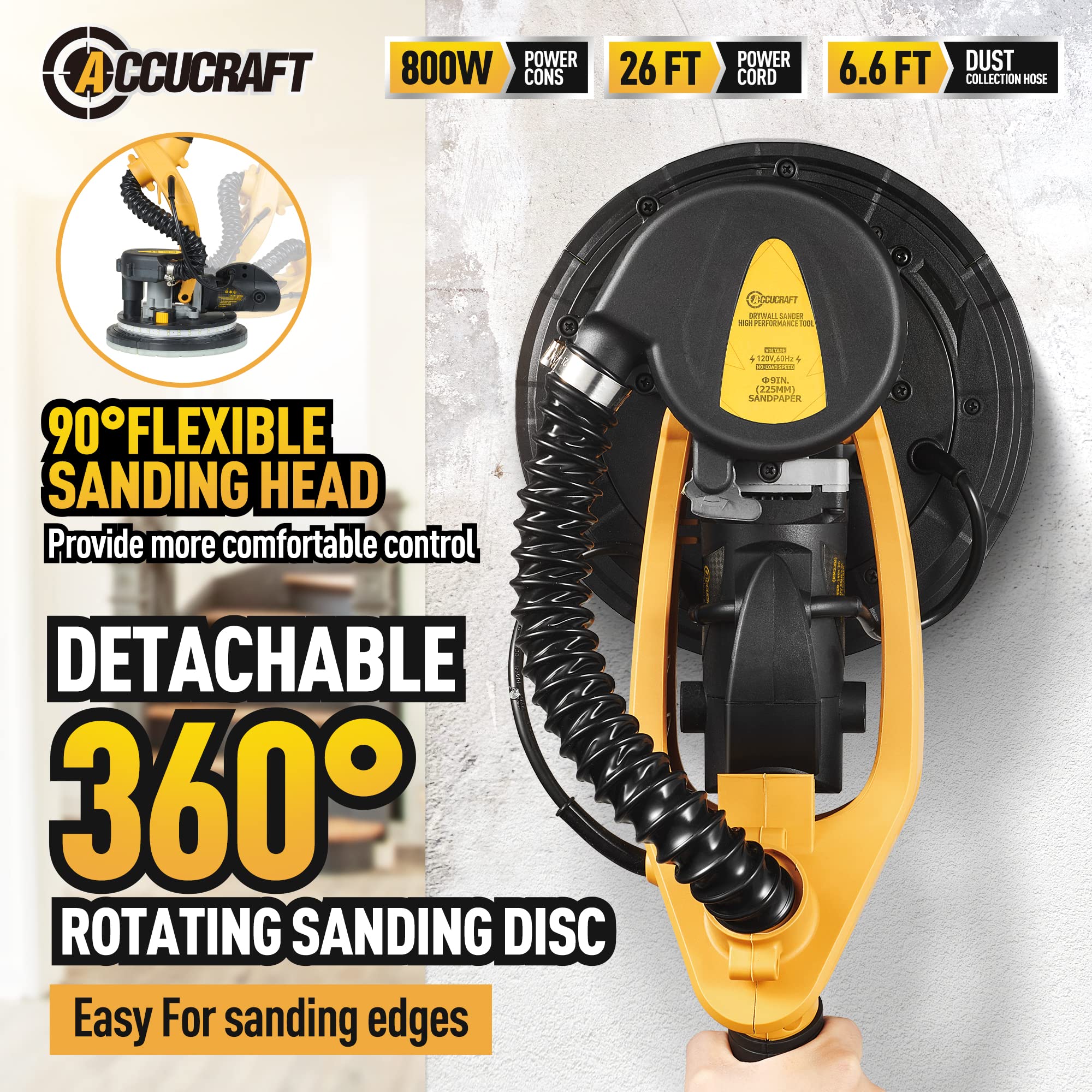 800W Electric Drywall Sander with Vacuum - 99% Dust Absorption, 6-Speed Adjustable (500-1800 RPM), 26ft Power Cord & LED Light - Perfect for Popcorn Ceiling Removal, Wall Smoothing, and Dust-Free Drywall Sanding Projects