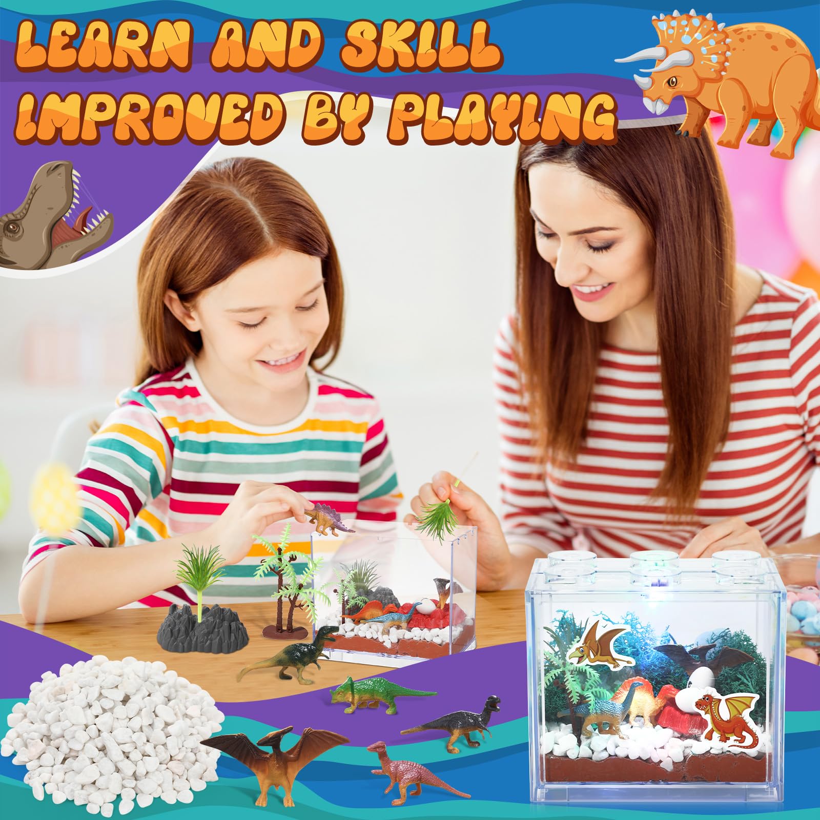 DIY Light Up Dinosaur Terrarium Kit - Create Your Own Dinosaur Habitat with LED Lights | STEM Educational Science Craft for Kids | Perfect Birthday Gift for Boys & Girls | Fun Home Decor & Classroom Activity