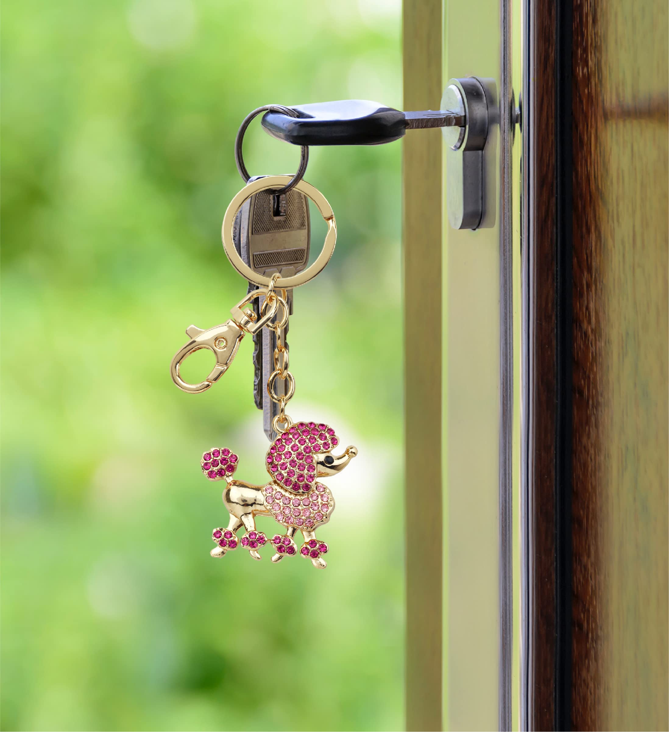 Elegant Pink Poodle Dog Keychain - Gold 3D Sparkling Rhinestone Charm, Fashionable Stylish Metal Alloy Key Ring with Clasp | Durable Crystal Jewelry Accessory for Women, Girls, Pets Lovers | Perfect for Keychains, Bags, Gifts & Party Favors