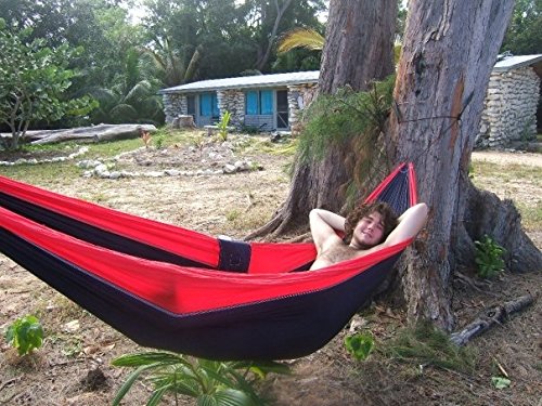 Best Single Camping Hammock - Ultra Lightweight & Portable for Outdoor Adventures, Hiking, Travel - Extra Long Design for Maximum Comfort - Perfect for Backpacking, Beach Trips & Backyard Relaxation (Navy/Red)