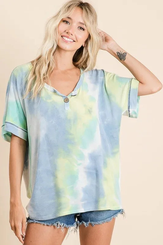 BiBi Tie Dye French Terry Button-Up Top for Women | Stylish Casual Shirt for Everyday Wear, Beach Outings & Weekend Brunch