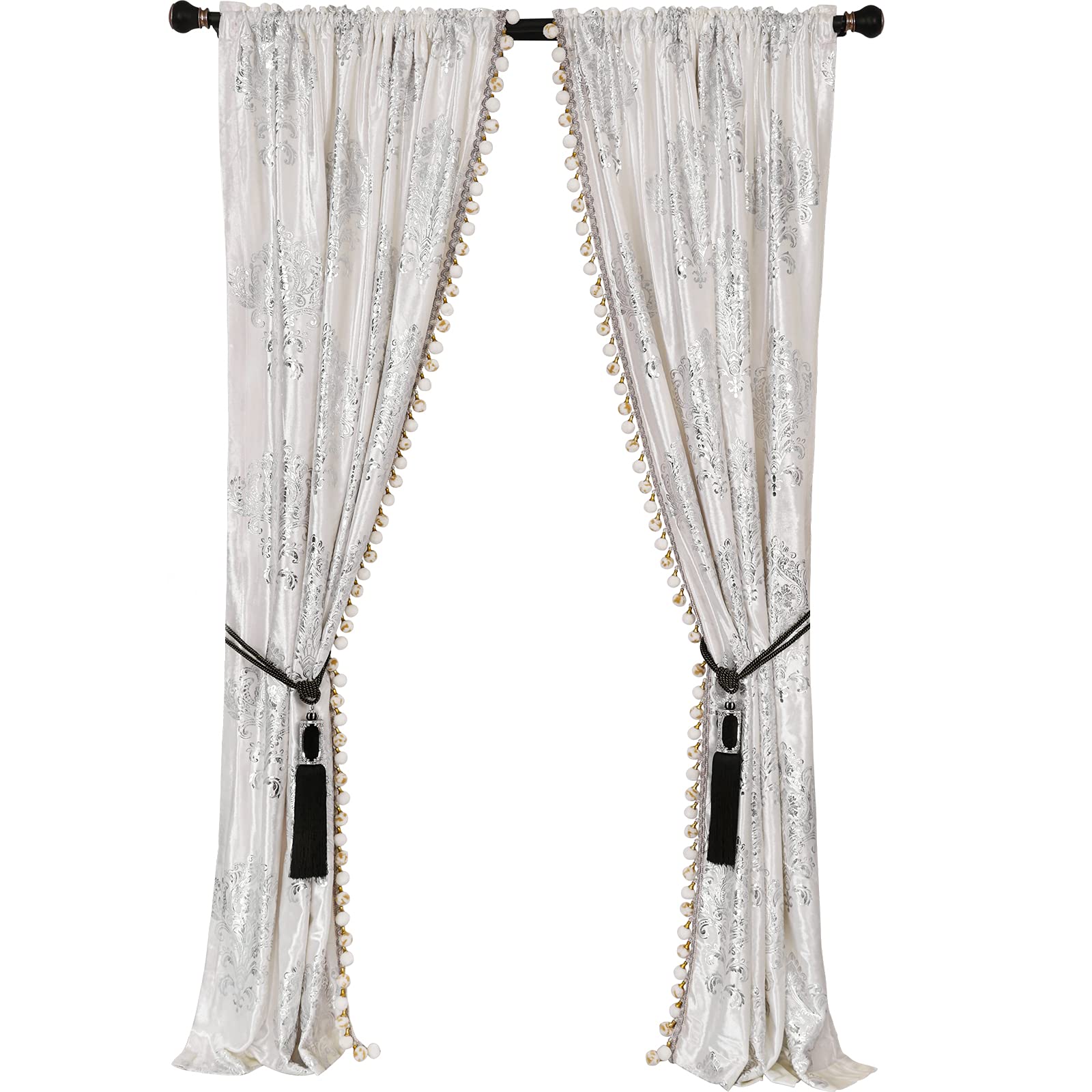 Luxury White Pom Poms Lined Velvet Blackout Curtains Set - 2 Panels, Foil Silver Trim, 52x96 Inches - Elegant Tassel Bedroom & Living Room Drapes for Light Blocking & Privacy