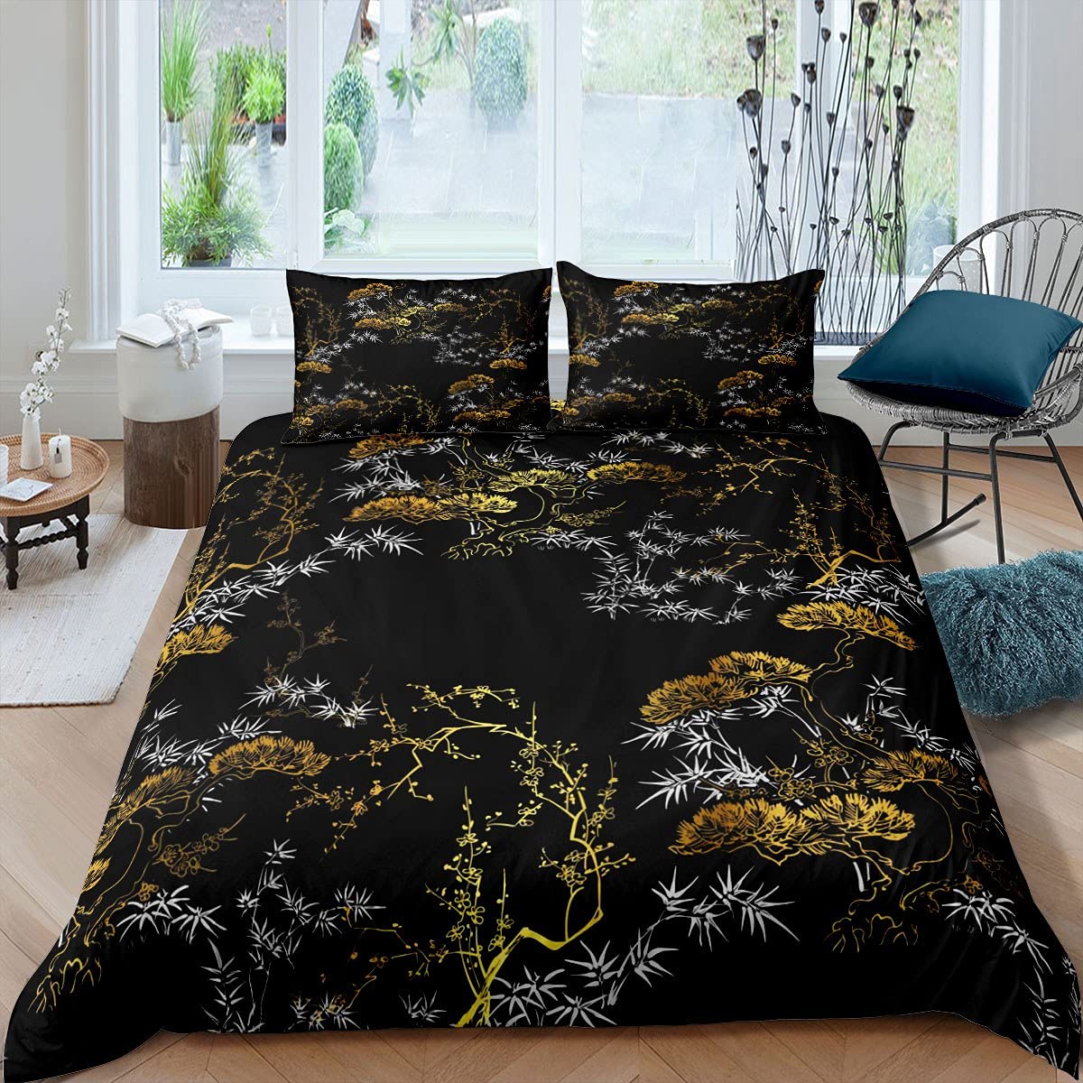 White Gold Pine Tree Duvet Cover Set - Chinese Traditional Painting Art Bedding | Twin Size Comforter Cover with 1 Pillowcase | Retro Chic Natural Bedspread for Kids & Boys Bedroom Decor | Perfect for Cozy Winter Nights & Asian-Inspired Home Styling