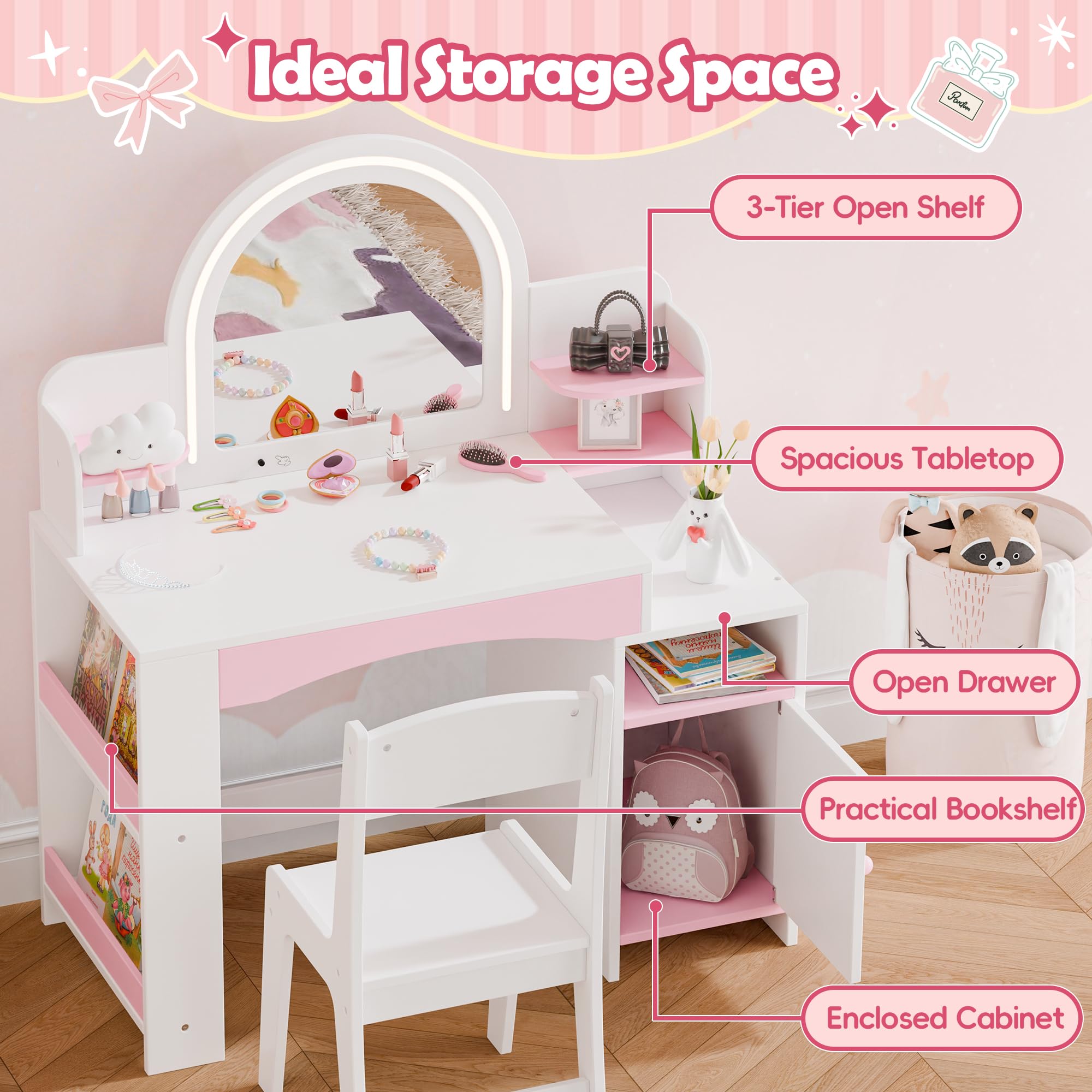 MU Kids Vanity with Lights - Princess Makeup Vanity Desk with Open Bookshelf, Storage Cabinet & Shelves, 2-in-1 Toddler Vanity Table & Chair Set with Lighted Mirror for Little Girls (White) - Perfect for Bedroom Decor, Birthday Gifts & Pretend Play