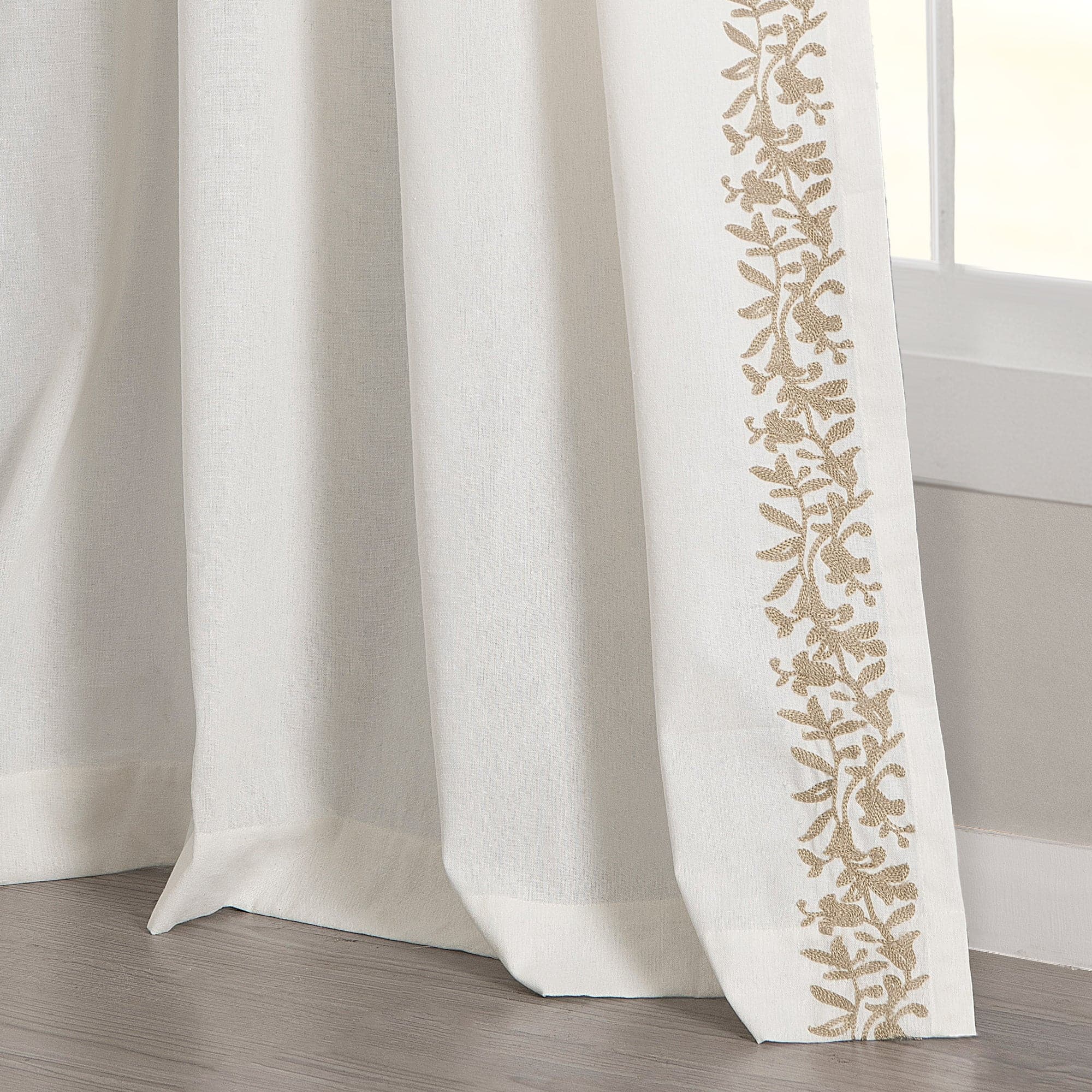 Luxury Modern Floral Linen-Like Embroidery Border Window Curtain Panel - Elegant Home Decor for Living Room, Bedroom & Dining Room