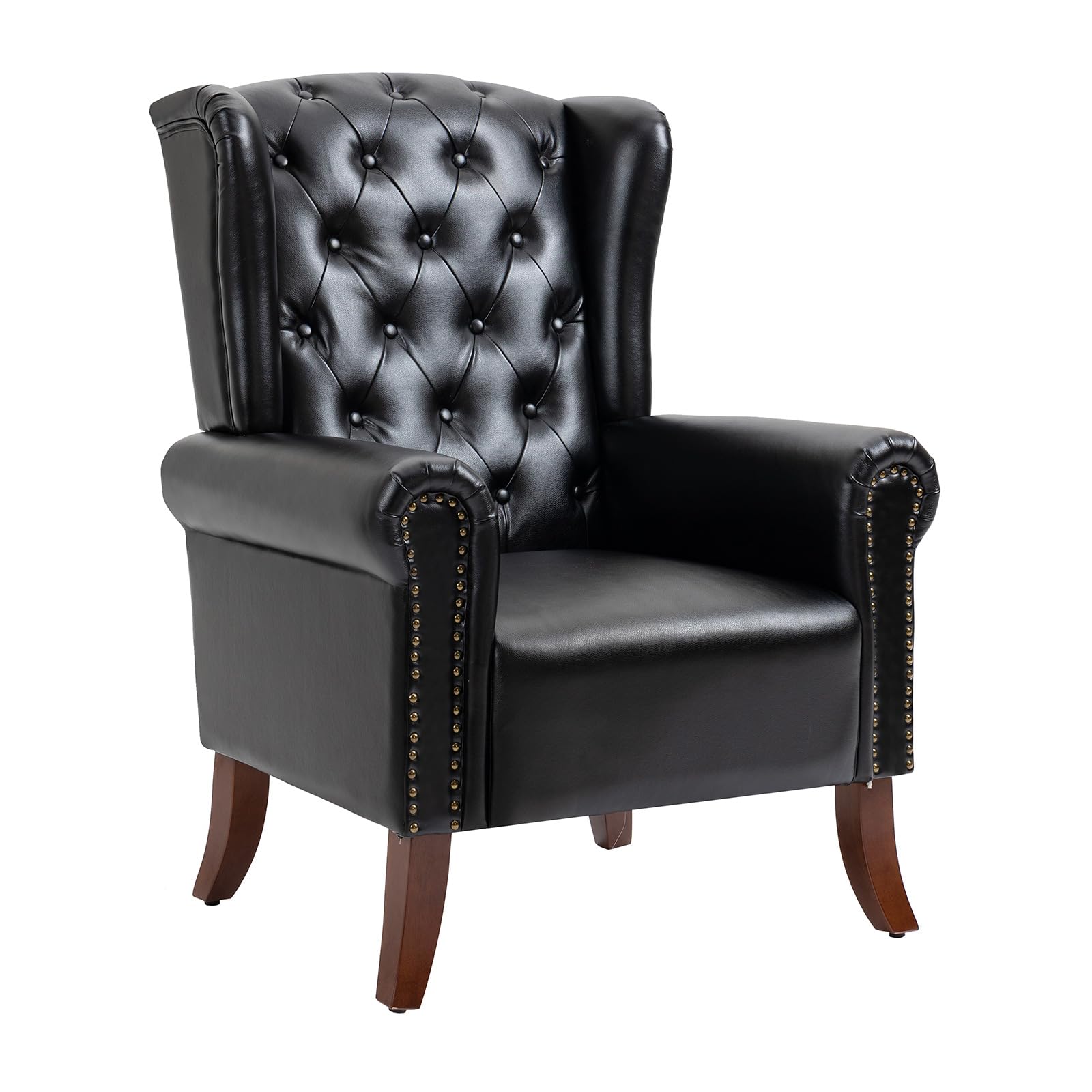 MOJAY PU Leather Accent Chair - Mid-Century Modern Living Room Armchair with Sturdy Wooden Legs, Faux Leather Upholstered Club Chair for Bedroom, Study, Home Office & Reception Areas (Black) | Stylish Seating for Relaxing, Reading & Working
