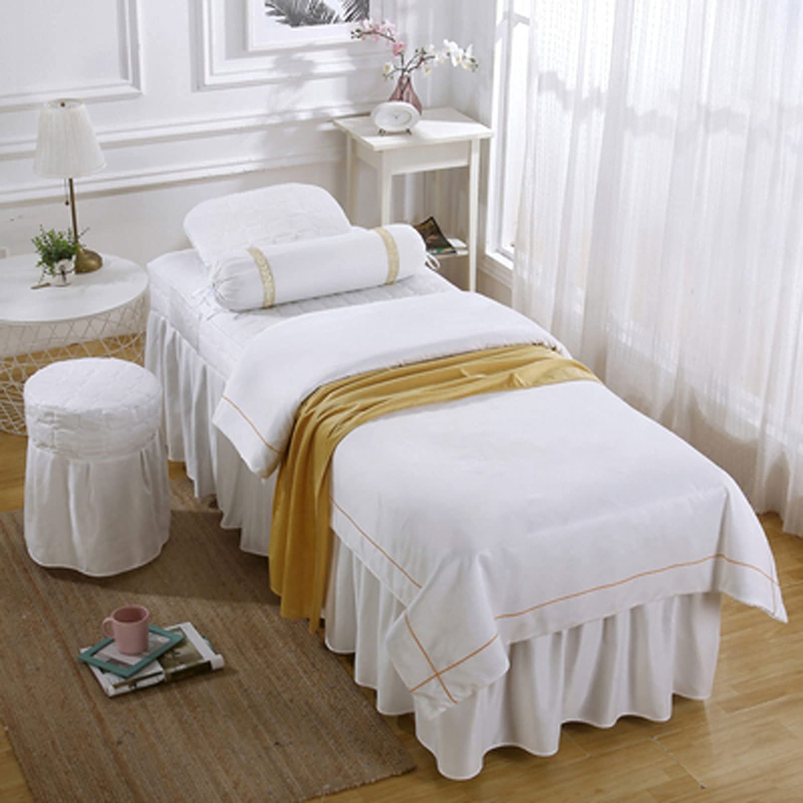 4-Piece Massage Table Skirt Sheet Set - Premium Cotton Tencel Beauty Salon Bedspread for Spa & Facial Treatments - Breathable Ice Silk Cover (White, 70x185cm) - Perfect for Professional Massage, Skincare Clinics & Home Relaxation