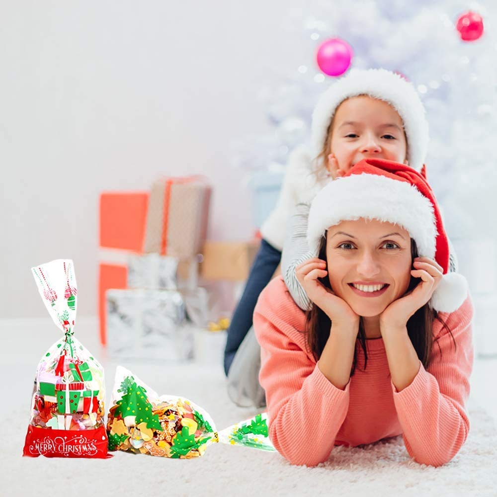 LOKIPA 200 Pcs Clear Christmas Cellophane Treat Bags with Twist Ties - Holiday Candy & Goodie Bags for Xmas Party Favors, Gift Wrapping & Cookie Exchange
