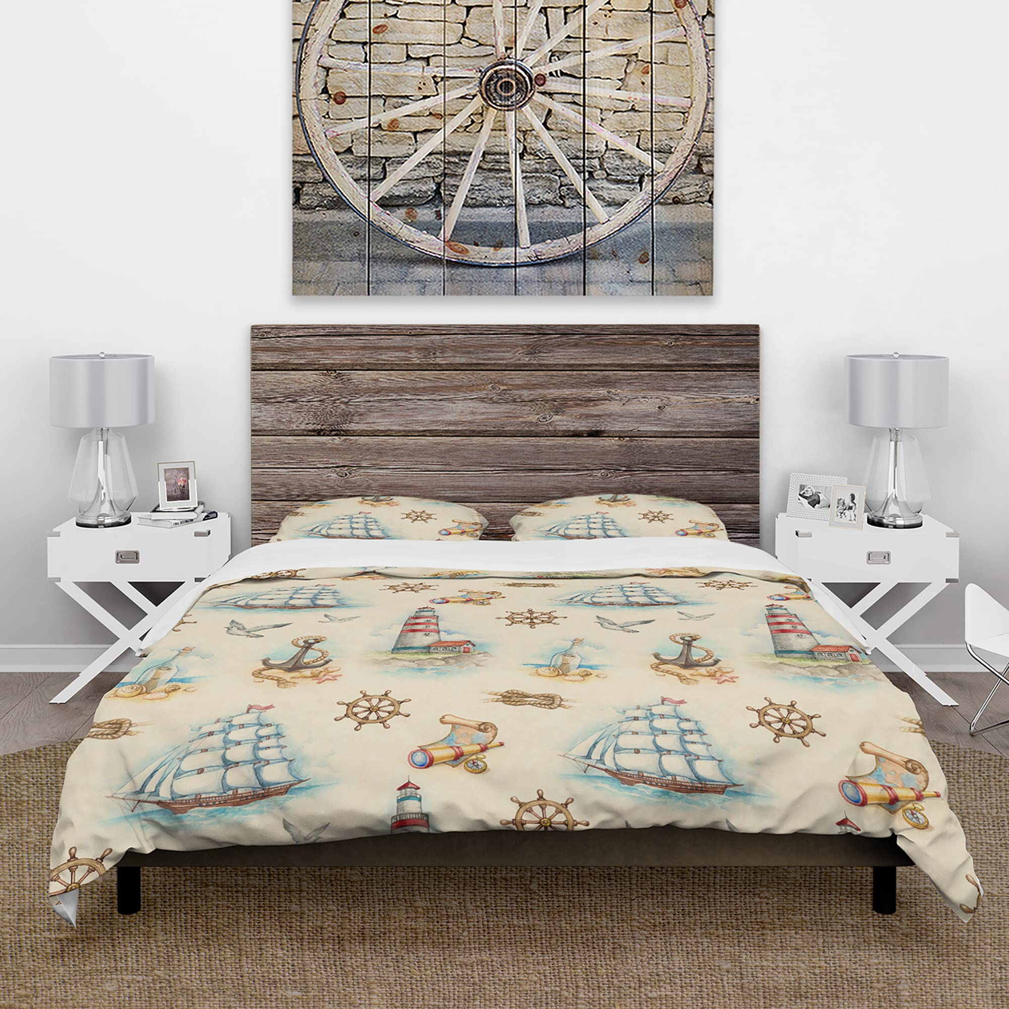 DesignQ Coastal Duvet Cover Set with Nautical Watch Tower, Binocular & Sailboat Print - Perfect for Beach House Bedroom Decor & Coastal Theme Home Styling